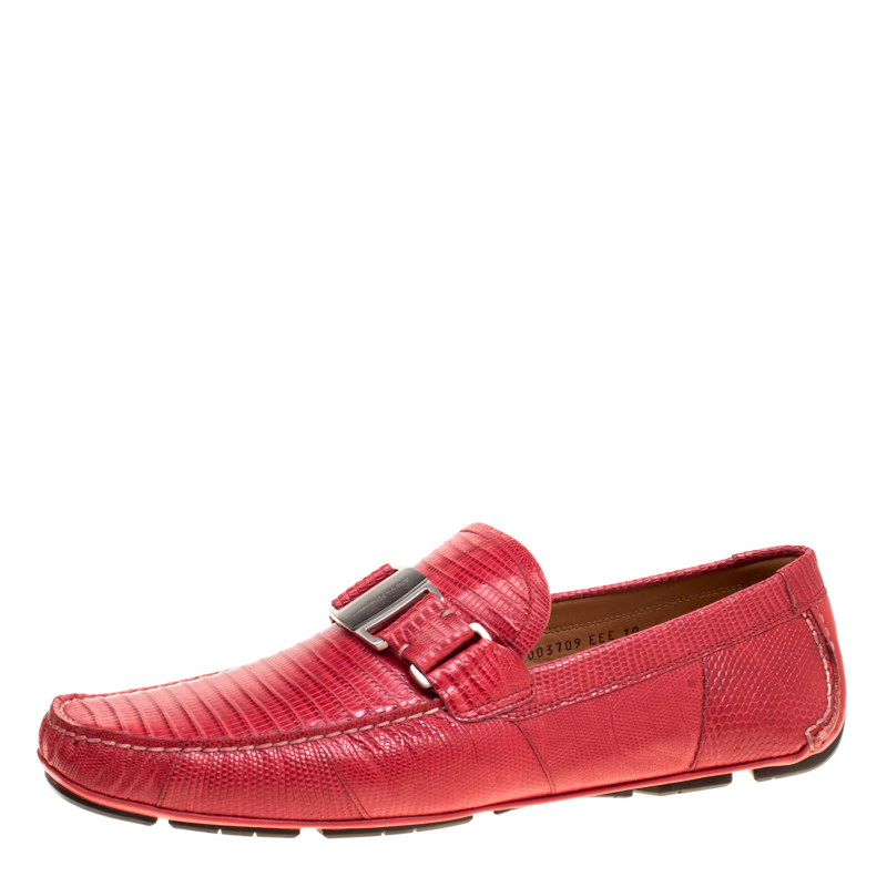 Pre Owned Salvatore Ferragamo Coral Red Lizard Sardegna Loafers Size 44