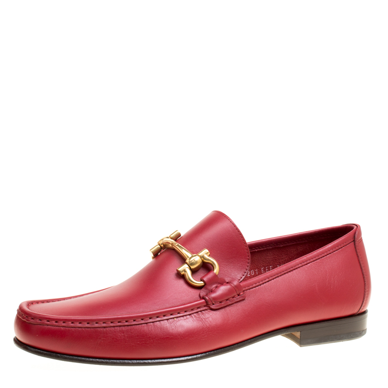 Pre Owned Salvatore Ferragamo Red Leather Giordano Moccassins Size 44.5