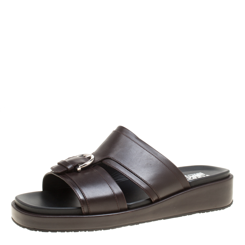 Pre Owned Salvatore Ferragamo Brown Leather Lutfi Slides Size 44