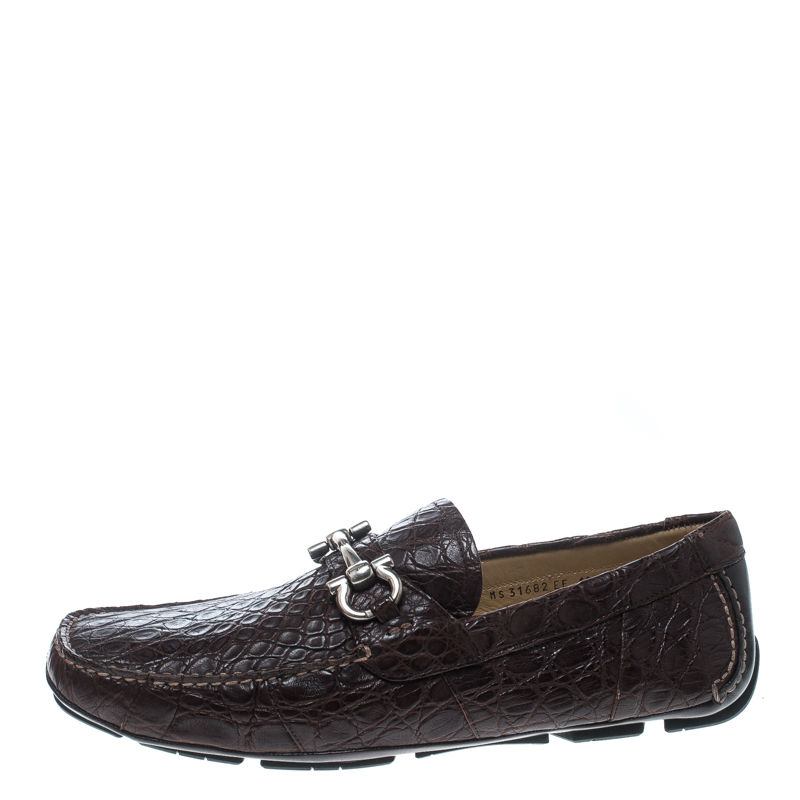 

Salvatore Ferragamo Brown Crocodile Leather Parigi Bit Loafers Size