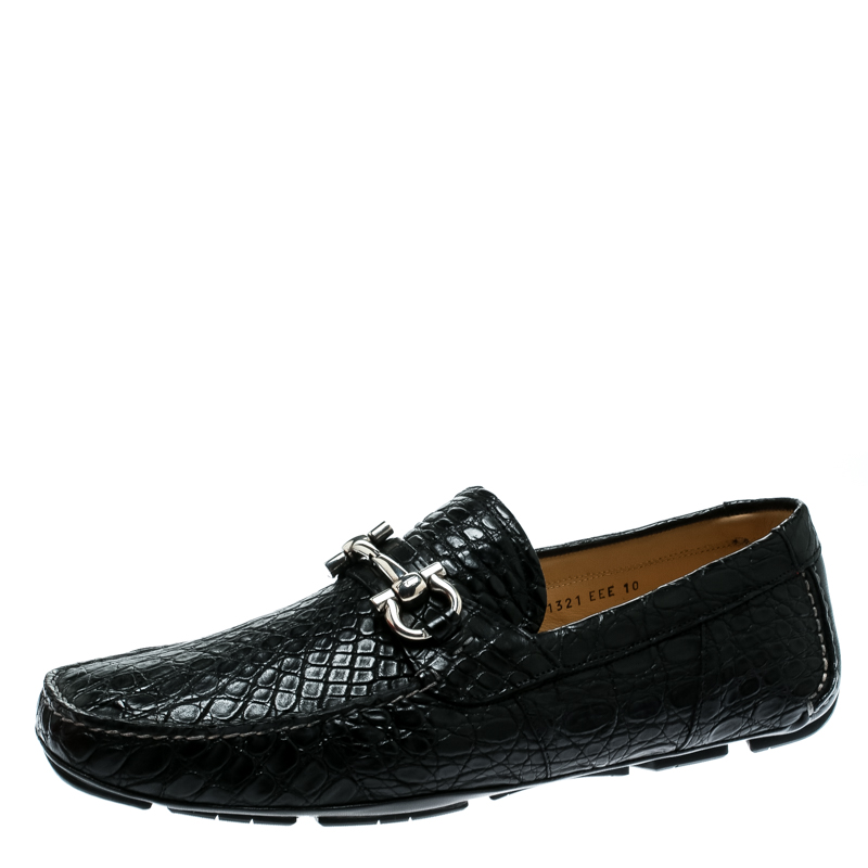Salvatore Ferragamo Black Crocodile Leather Parigi Bit Loafers Size 44