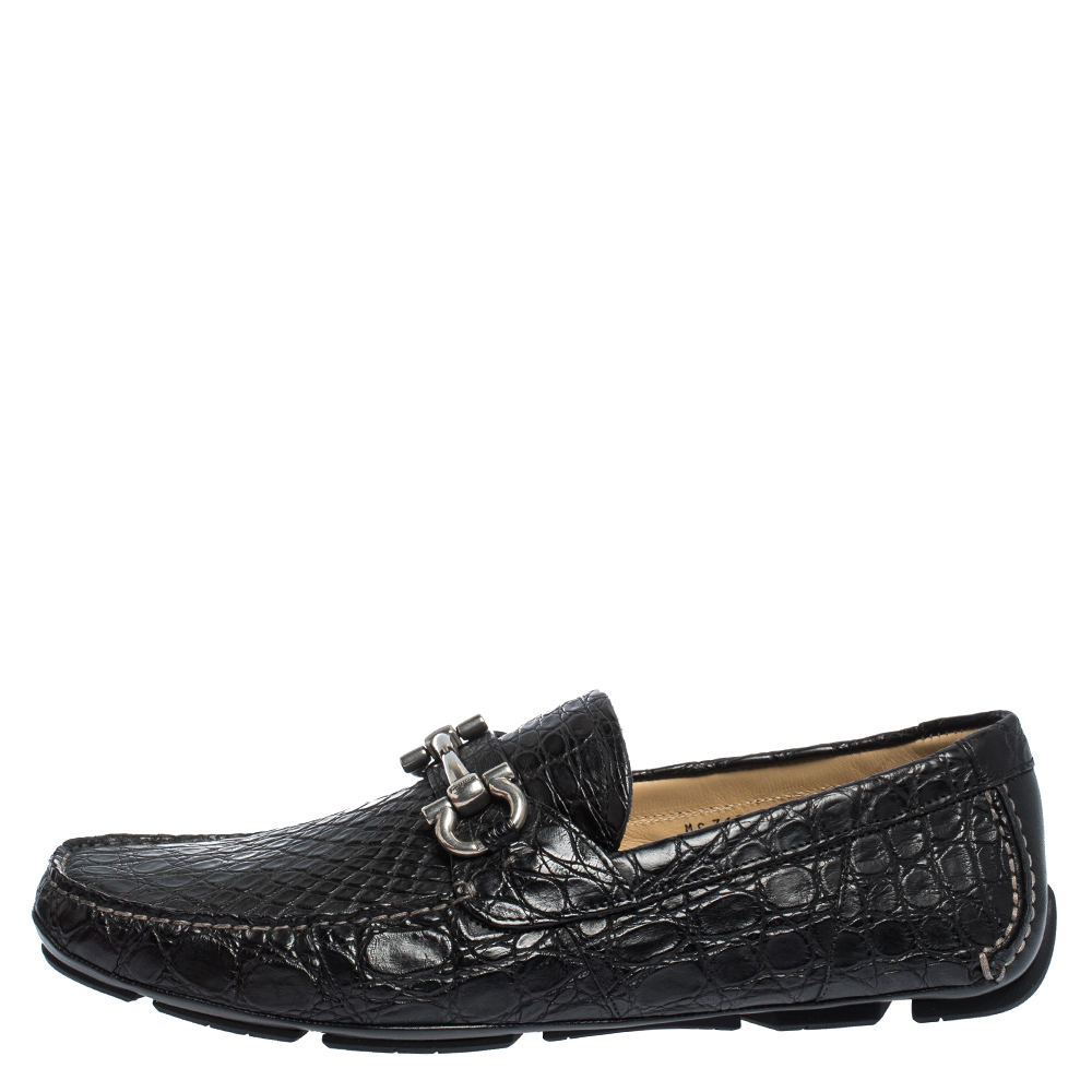 

Salvatore Ferragamo Black Croc Leather Parigi Loafers Size