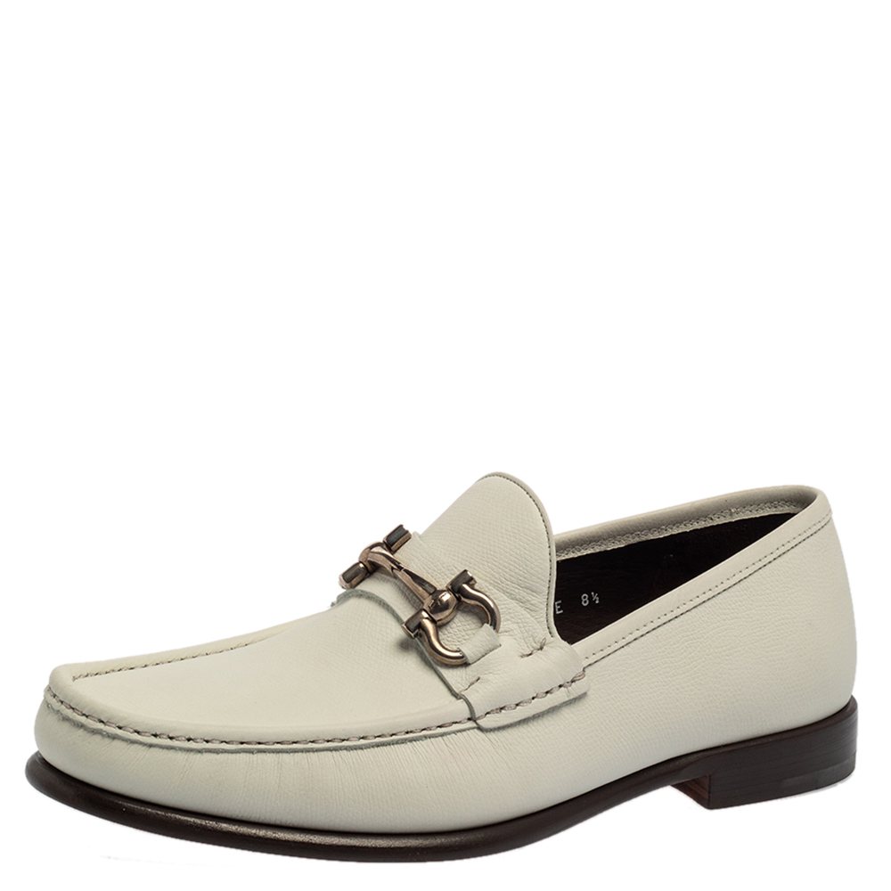 Pre-owned Ferragamo White Leather Gancini Bit Loafers Size 42.5