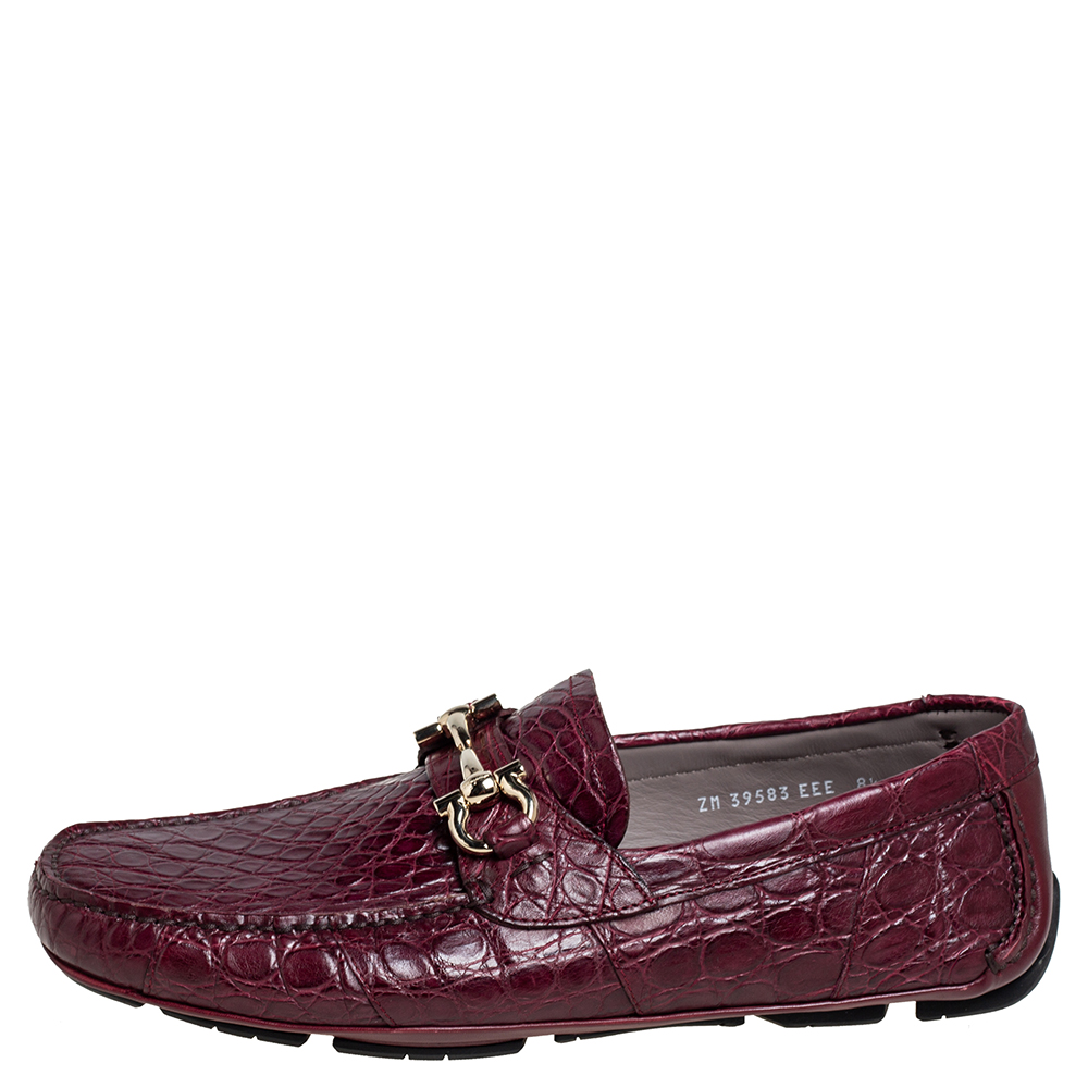 

Salvatore Ferragamo Burgundy Croc Leather Parigi Bit Loafers Size