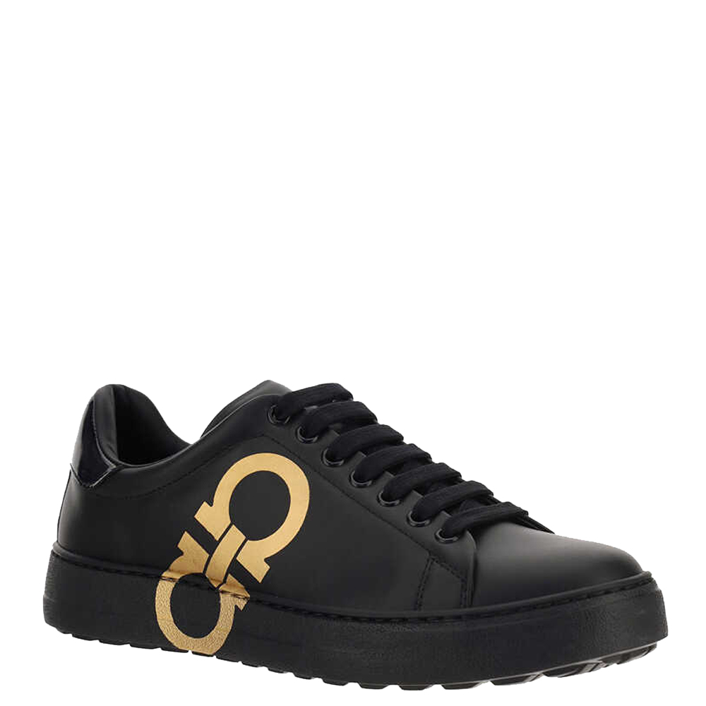 

Salvatore Ferragamo Black/Gold Leather Gancini Sneakers Size EU  US 10
