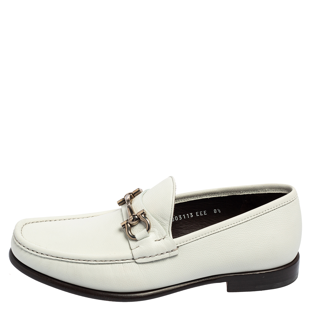 

Salvatore Ferragamo White Grained Leather Gancini Bit Loafers Size