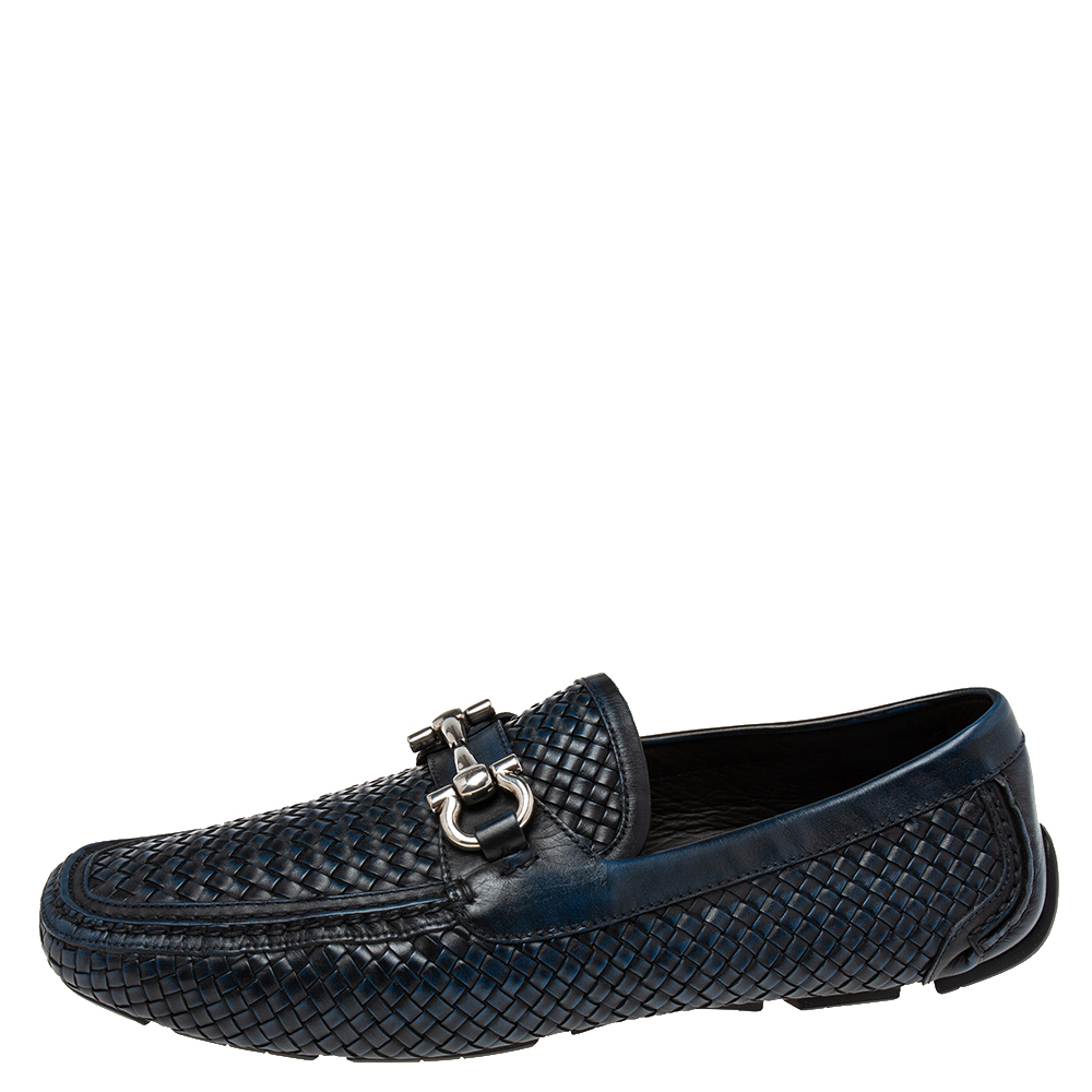 

Salvatore Ferragamo Navy Blue/Black Woven Leather Parigi Gancio Bit Loafers Size