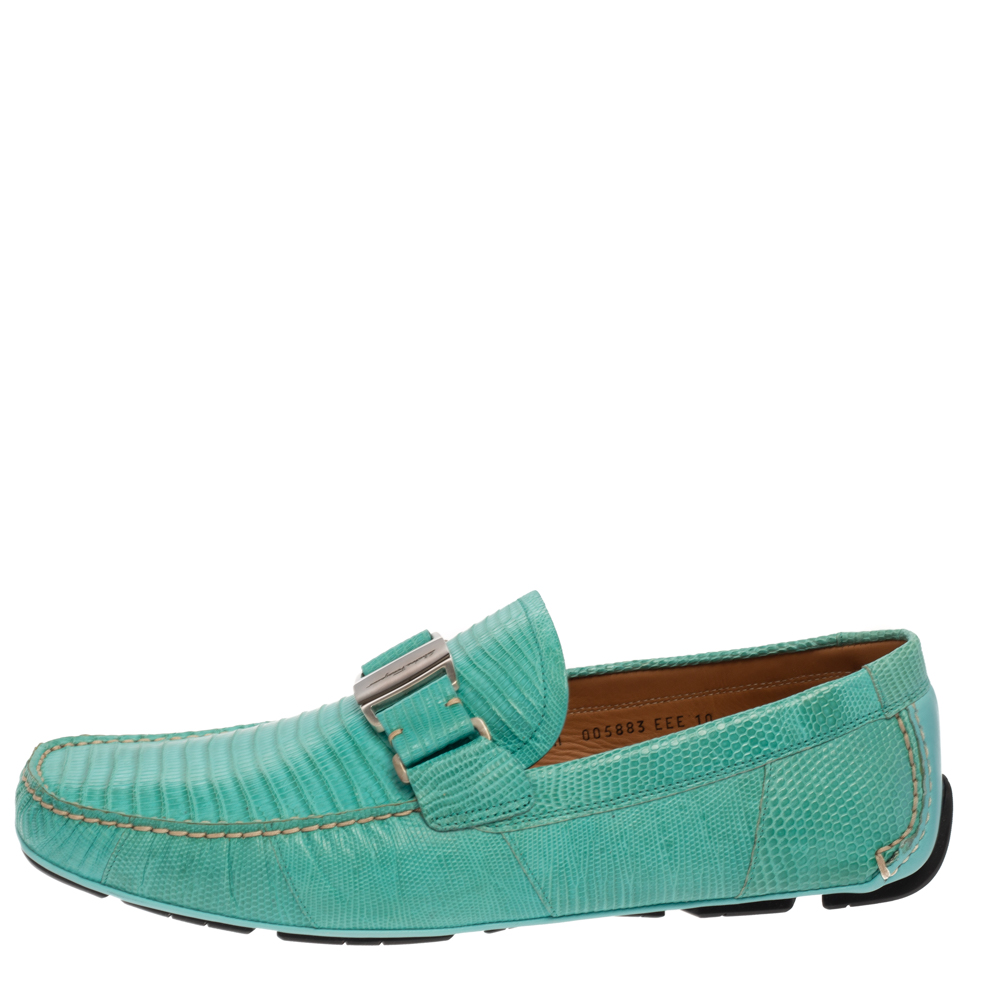 

Salvatore Ferragamo Aqua Green Lizard Leather Sardegna Loafers Size