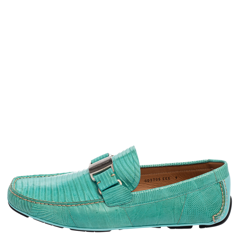 

Salvatore Ferragamo Aqua Green Lizard Leather Sardegna Loafers Size