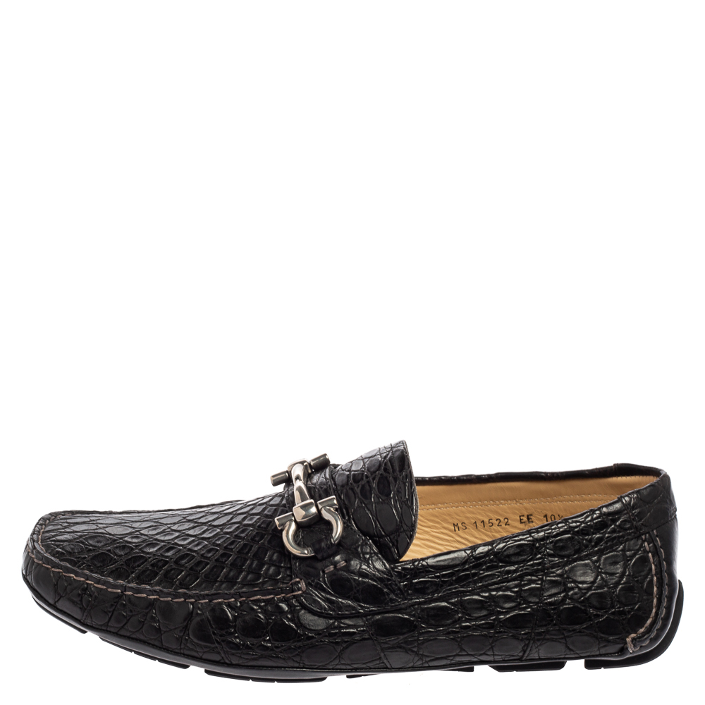

Salvatore Ferragamo Black Crocodile Leather Parigi Bit Loafers Size