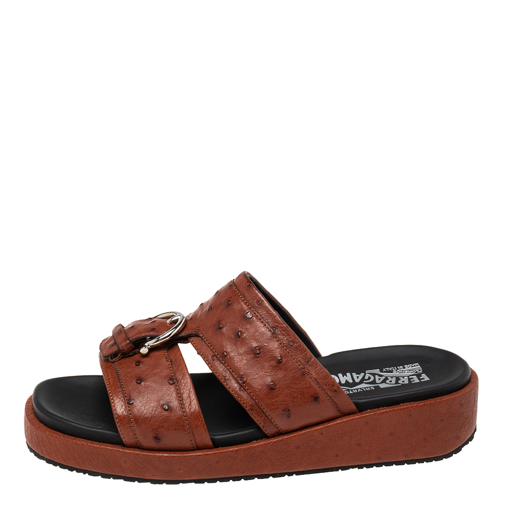 

Salvatore Ferragamo Brown Ostrich Leather Flat Sandals Size