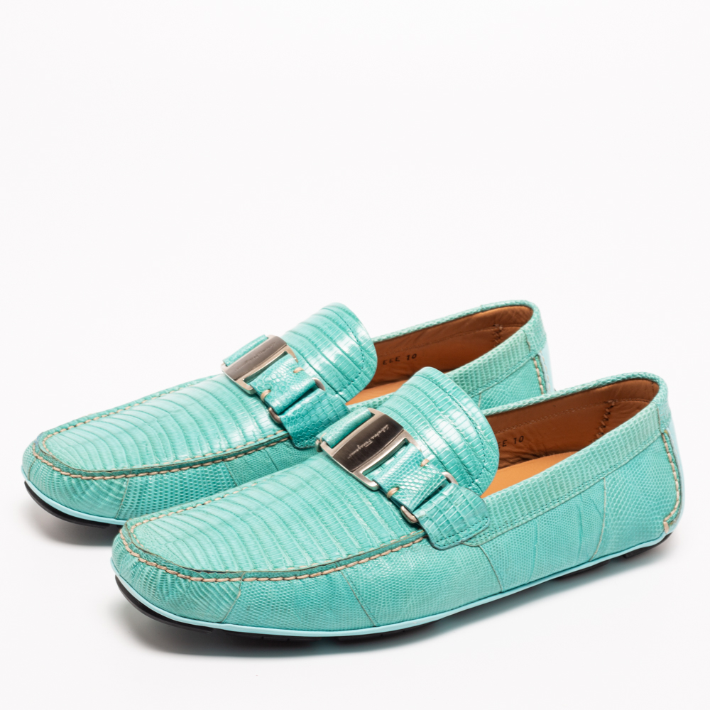 

Salvatore Ferragamo Aqua Blue Lizard Leather Sardegna Loafers Size