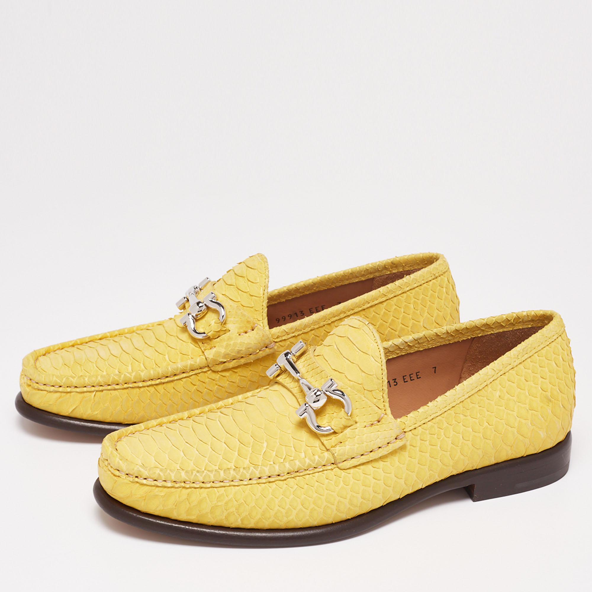 

Salvatore Ferragamo Yellow Python Leather Mason Horsebit Slip On Loafers Size