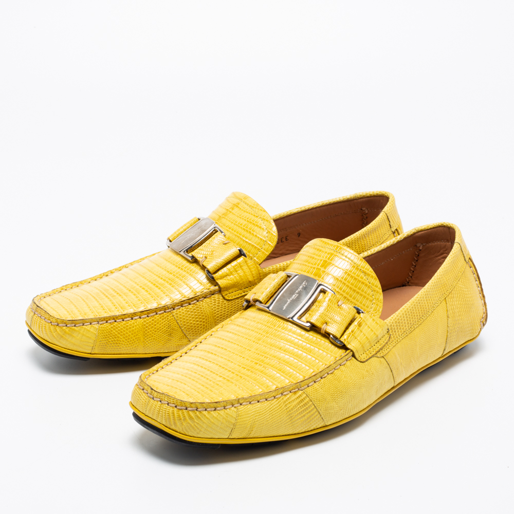 

Salvatore Ferragamo Yellow Lizard Leather Sardegna Slip On Loafers Size