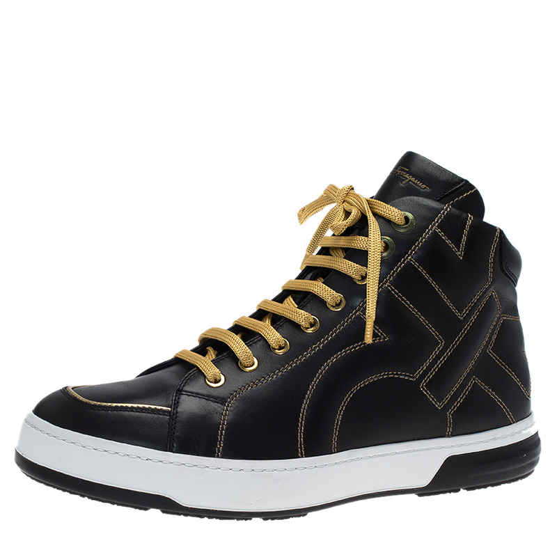 Salvatore Ferragamo Black Leather Gancini Nicky High Top Sneakers Size 41.5