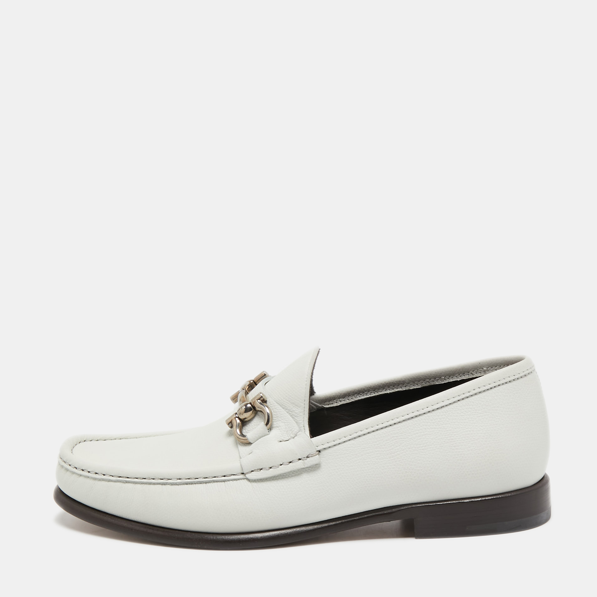 Pre-owned Salvatore Ferragamo White Leather Slip On Gancini Loafers Size 42.5