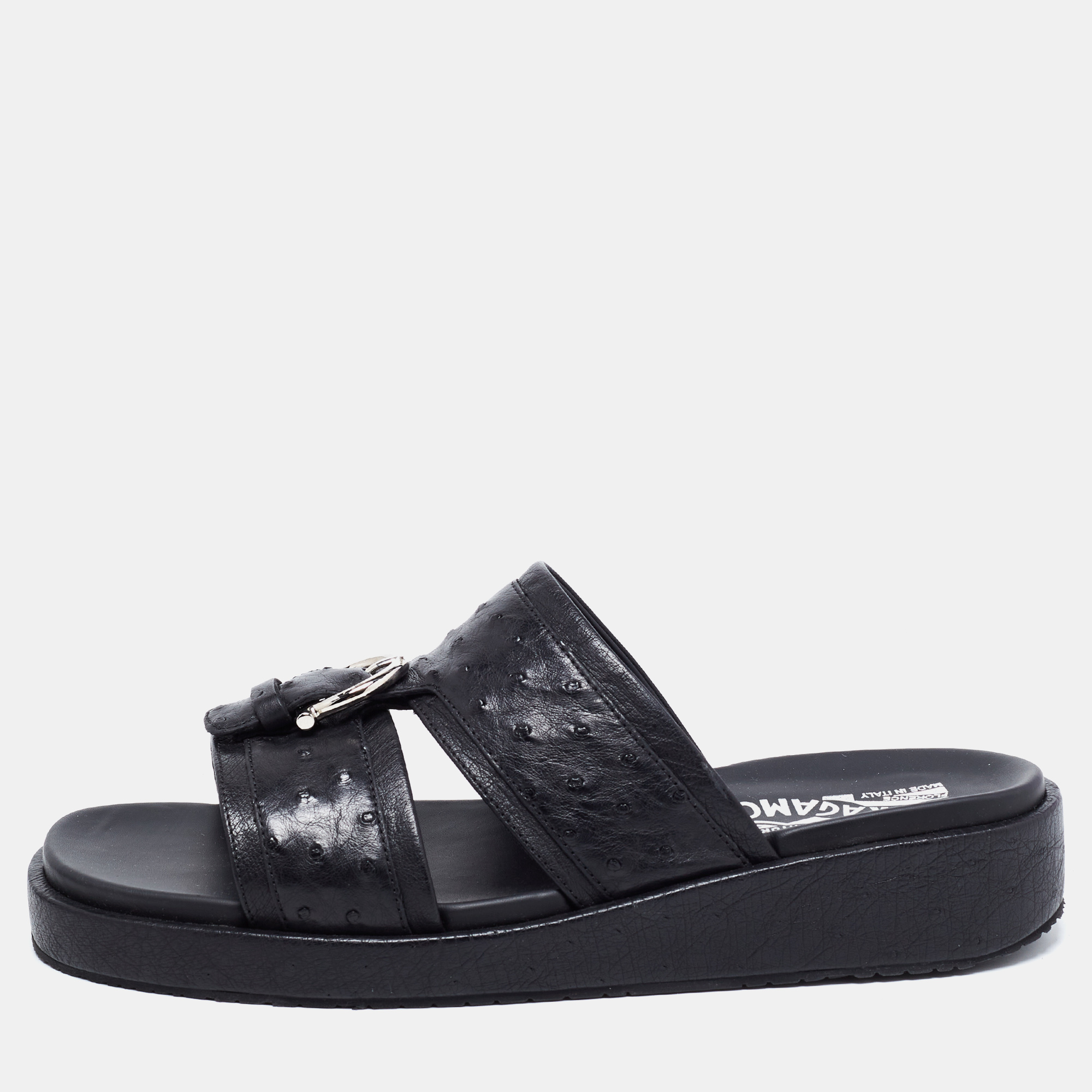 Pre-owned Salvatore Ferragamo Black Ostrich Lutfi Slide Sandals Size 41.5