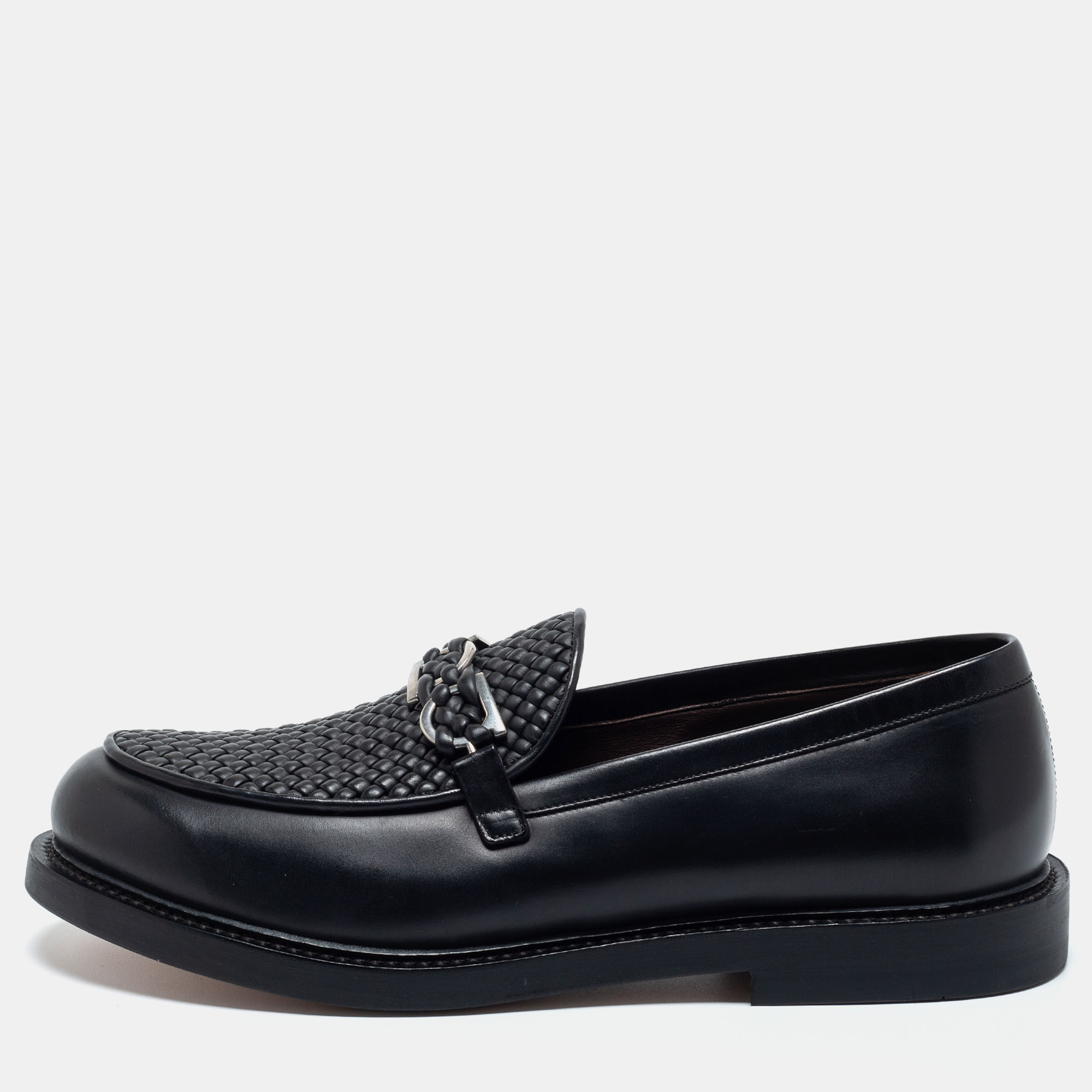 Pre-owned Salvatore Ferragamo Black Woven Leather Gancini Loafers Size 44