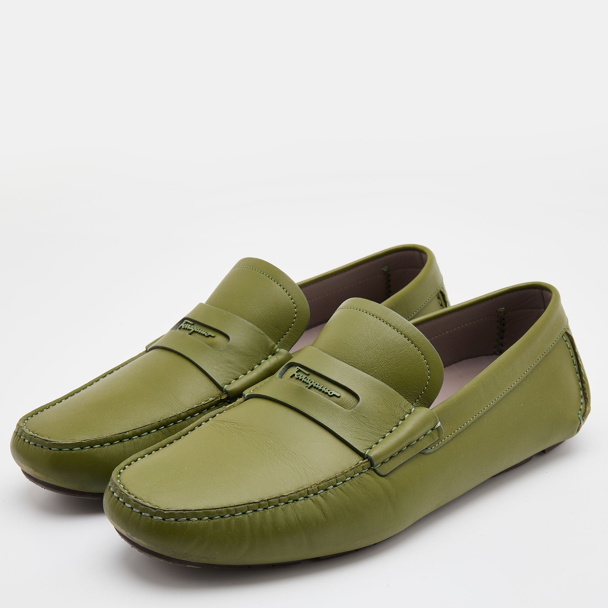 

Salvatore Ferragamo Green Leather Slip On Loafers Size
