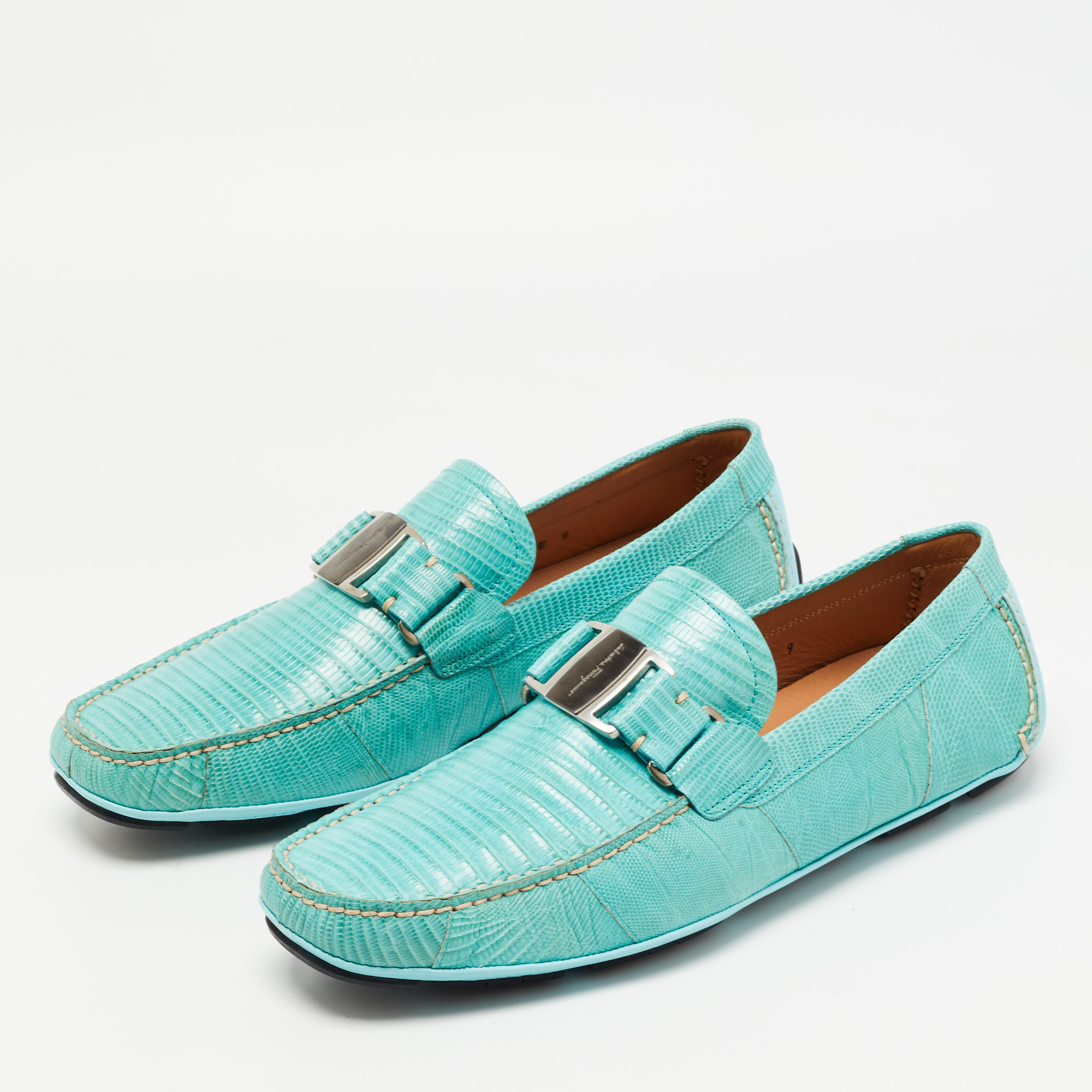 

Salvatore Ferragamo Aqua Green Lizard Sardegna Loafers Size