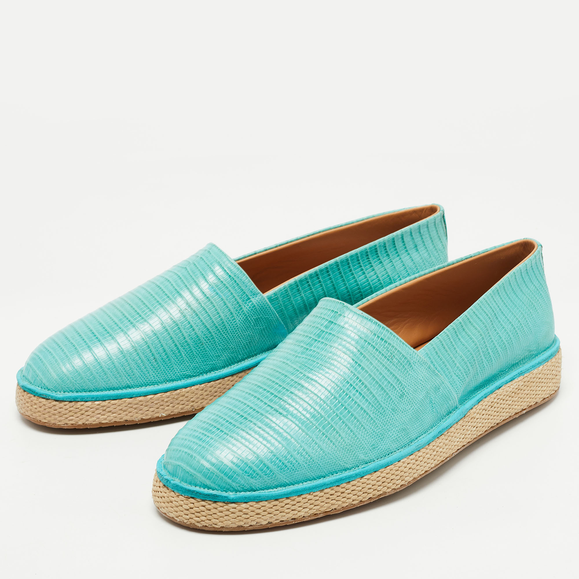 

Salvatore Ferragamo Turquoise Lizard Lampedusa Flat Espadrilles Size, Green