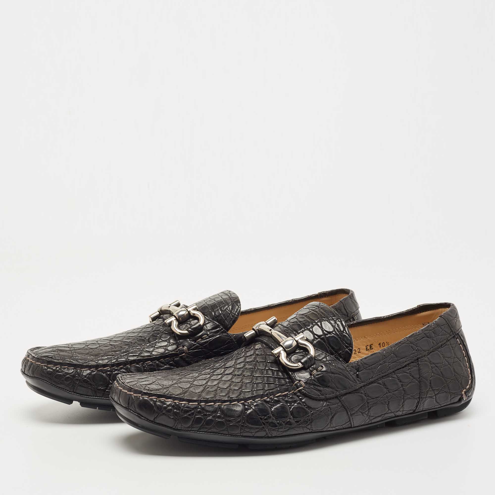 

Salvatore Ferragamo Black Croc Leather Parigi Horsebit Slip On Loafers Size