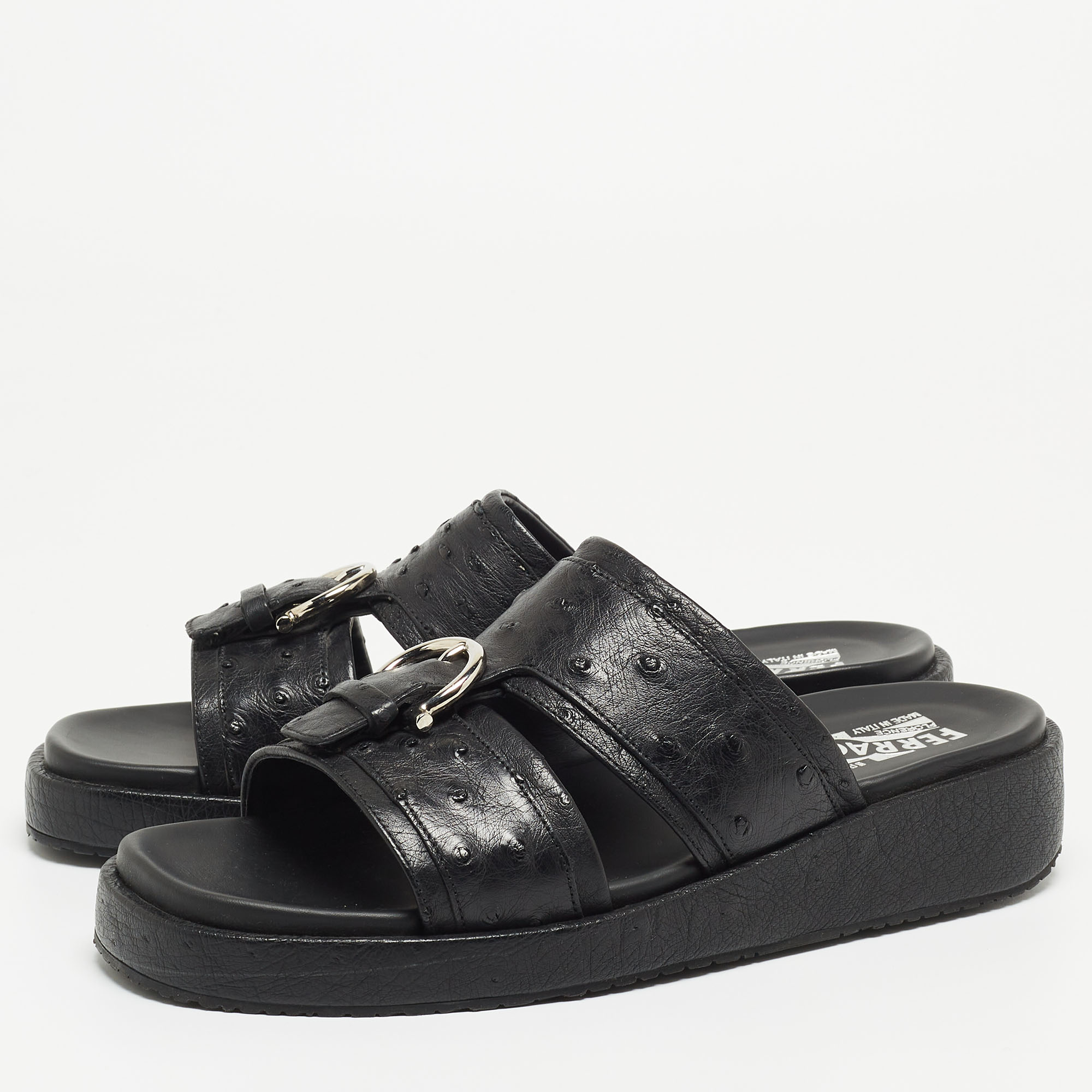 

Salvatore Ferragamo Black Ostrich Leather Lufti Buckle Detail Slide Sandals Size