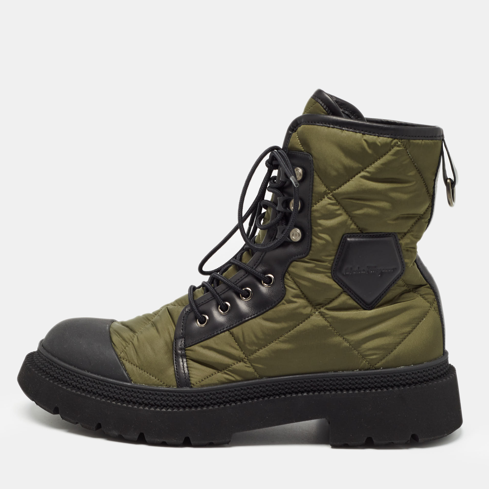 

Salvatore Ferragamo Green/Black Nylon and Leather Rally Combat Boots Size