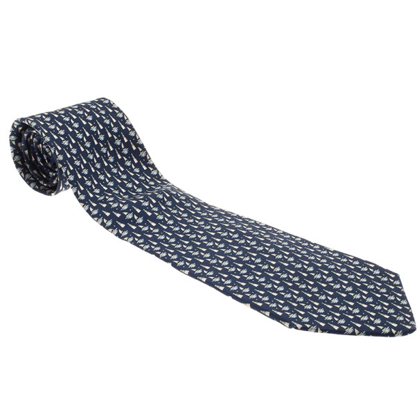 Pre Owned Salvatore Ferragamo Blue Sail Boat and Lighthouse Print Tie