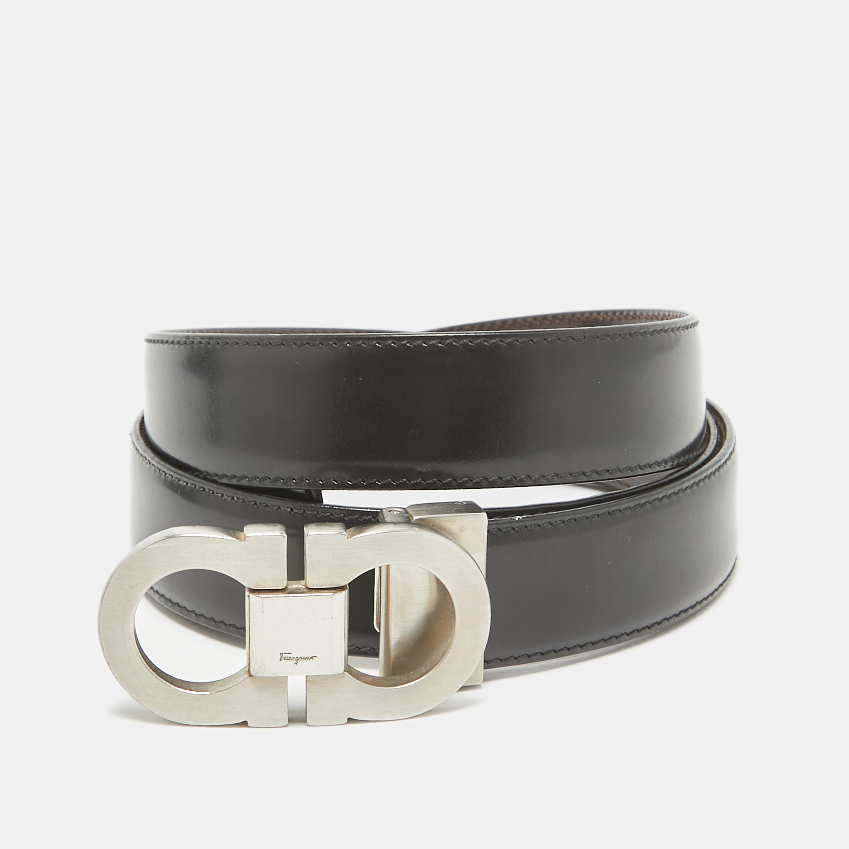 

Salvatore Ferragamo Black/Brown Leather Gancini Buckle Reversible Cut to Size Belt