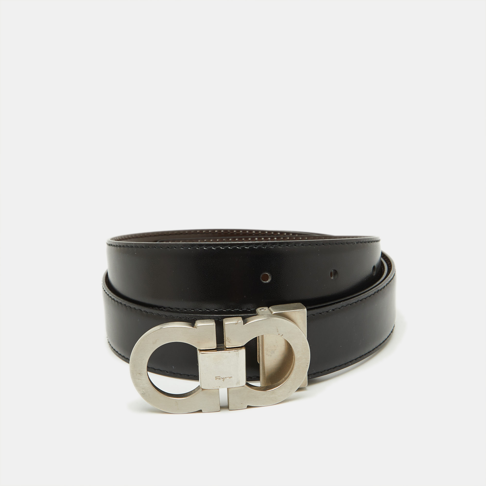 

Salvatore Ferragamo Black/Dark Brown Leather Cut to Size Gancini Buckle Belt