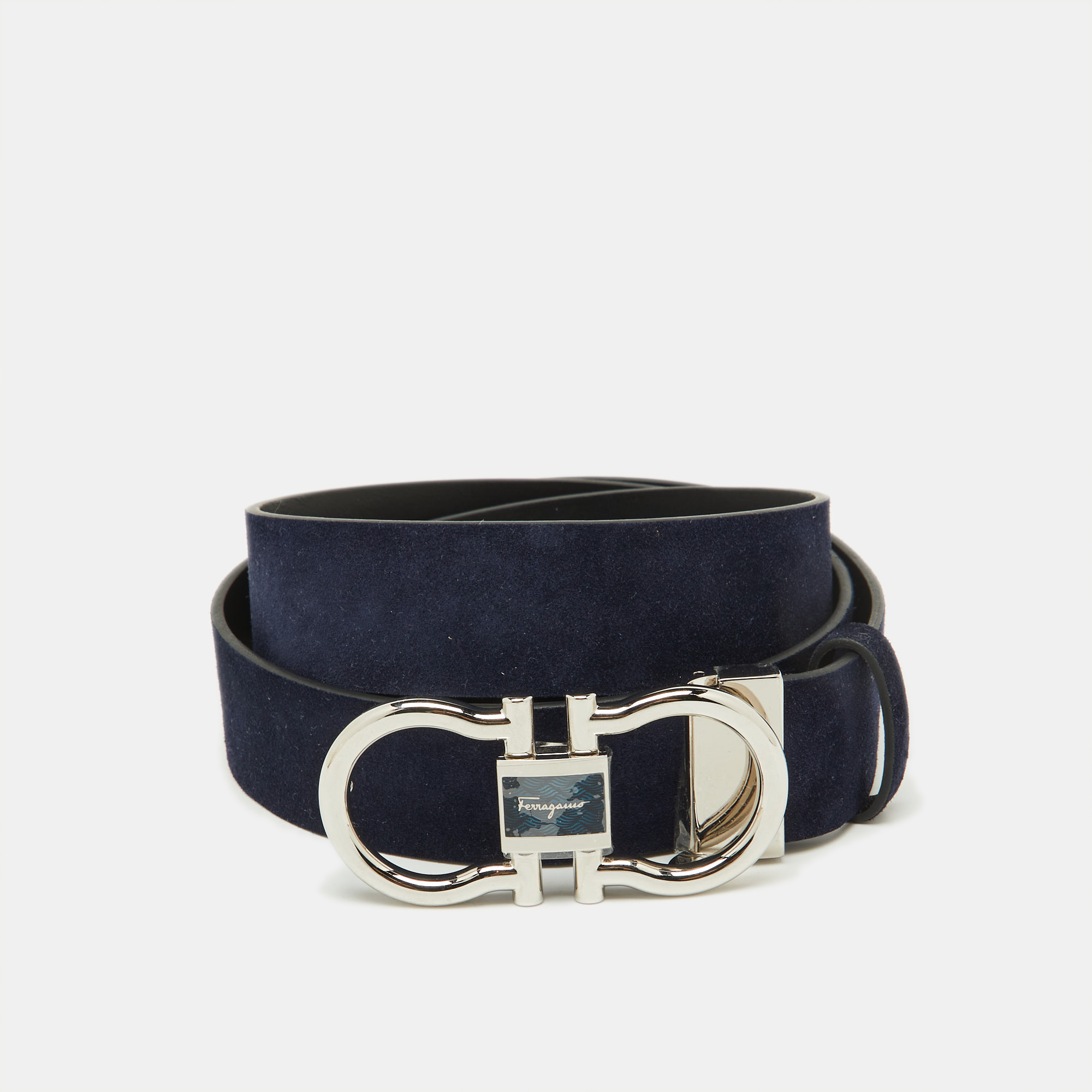 

Salvatore Ferragamo Navy Blue/Black Nubuck Leather Cut to Size Reversible Gancini Buckle Belt