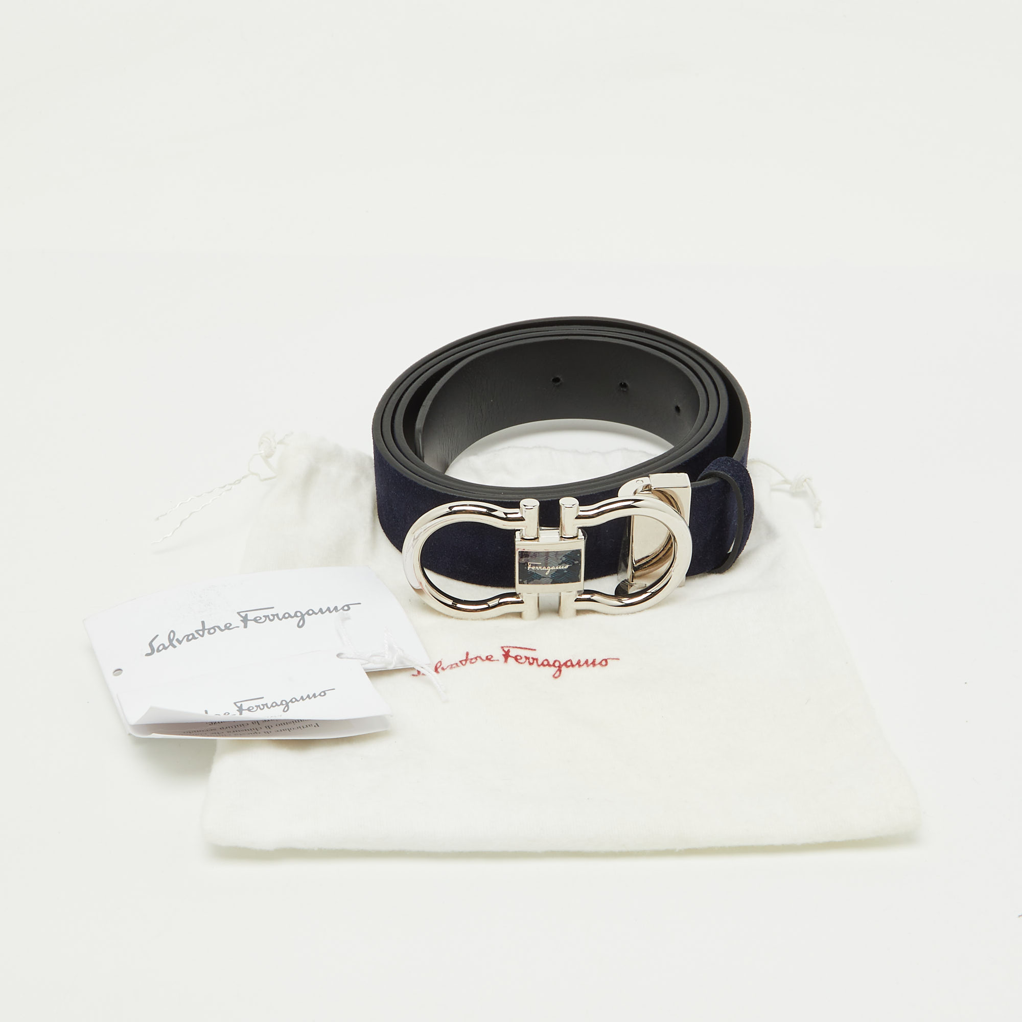 Salvatore Ferragamo Navy Blue/Black Nubuck Leather Cut to Size Reversible Gancini Buckle Belt 