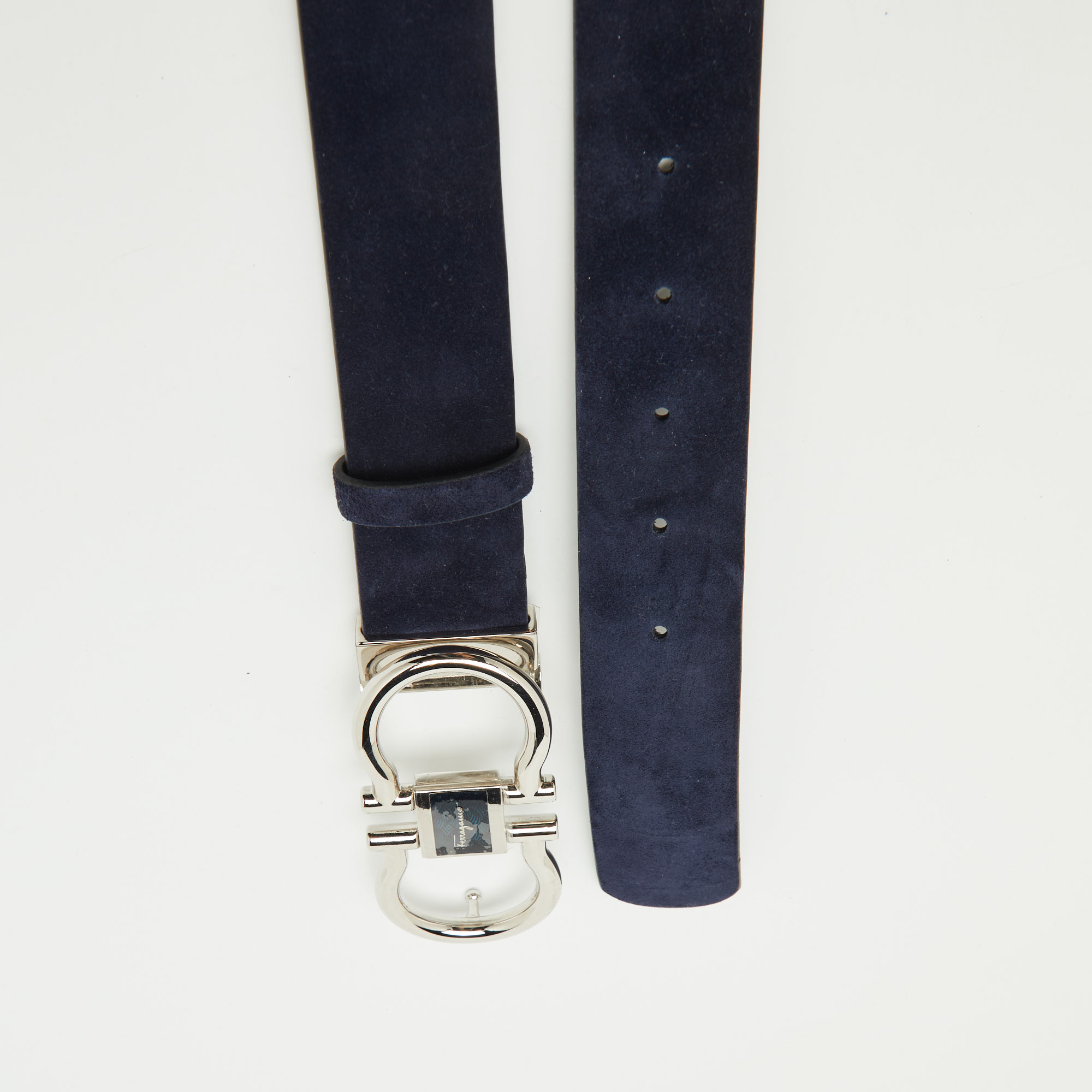 Salvatore Ferragamo Navy Blue/Black Nubuck Leather Cut to Size Reversible Gancini Buckle Belt 