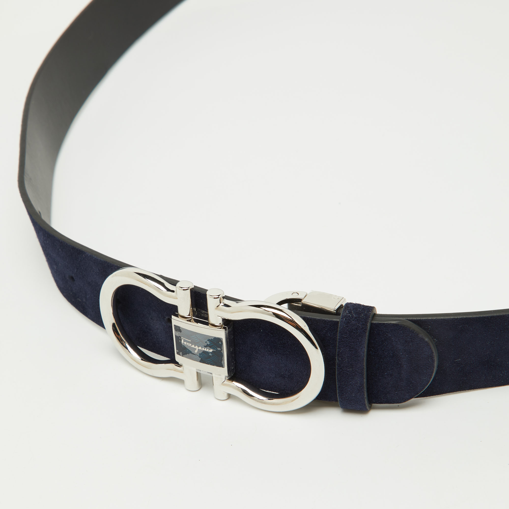 Salvatore Ferragamo Navy Blue/Black Nubuck Leather Cut to Size Reversible Gancini Buckle Belt 