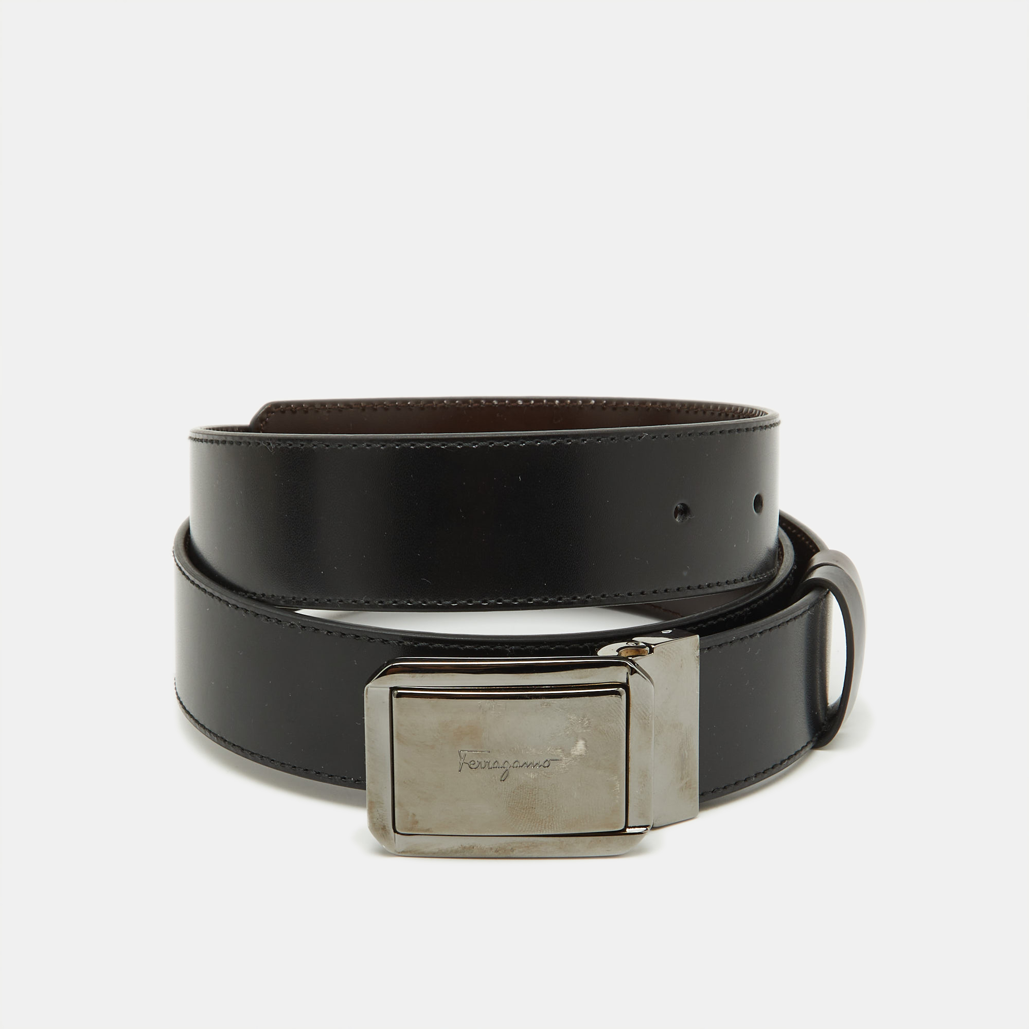 

Salvatore Ferragamo Black/Dark Brown Leather Cut to Size Buckle Belt