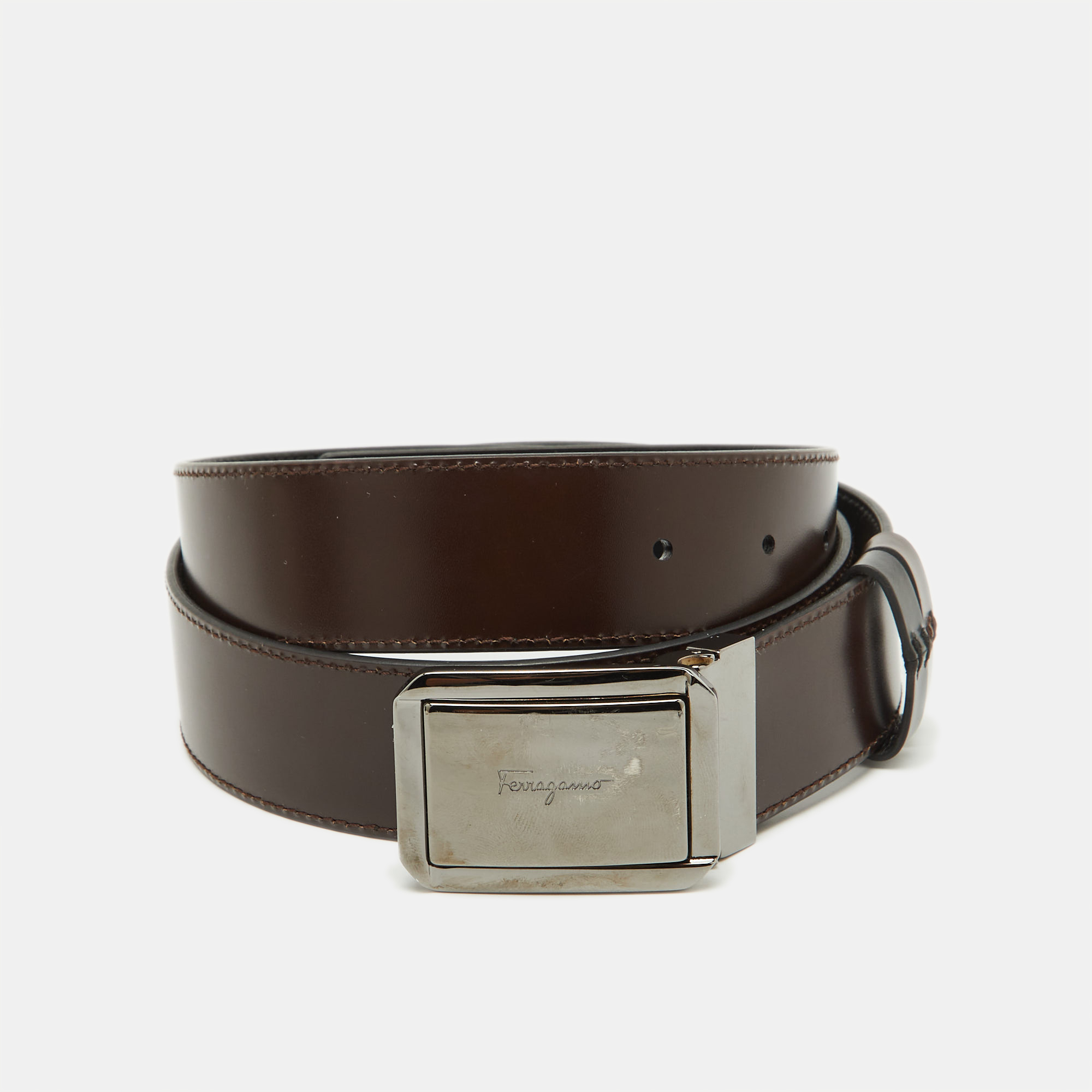 Salvatore Ferragamo Black/Dark Brown Leather Cut to Size Buckle Belt 