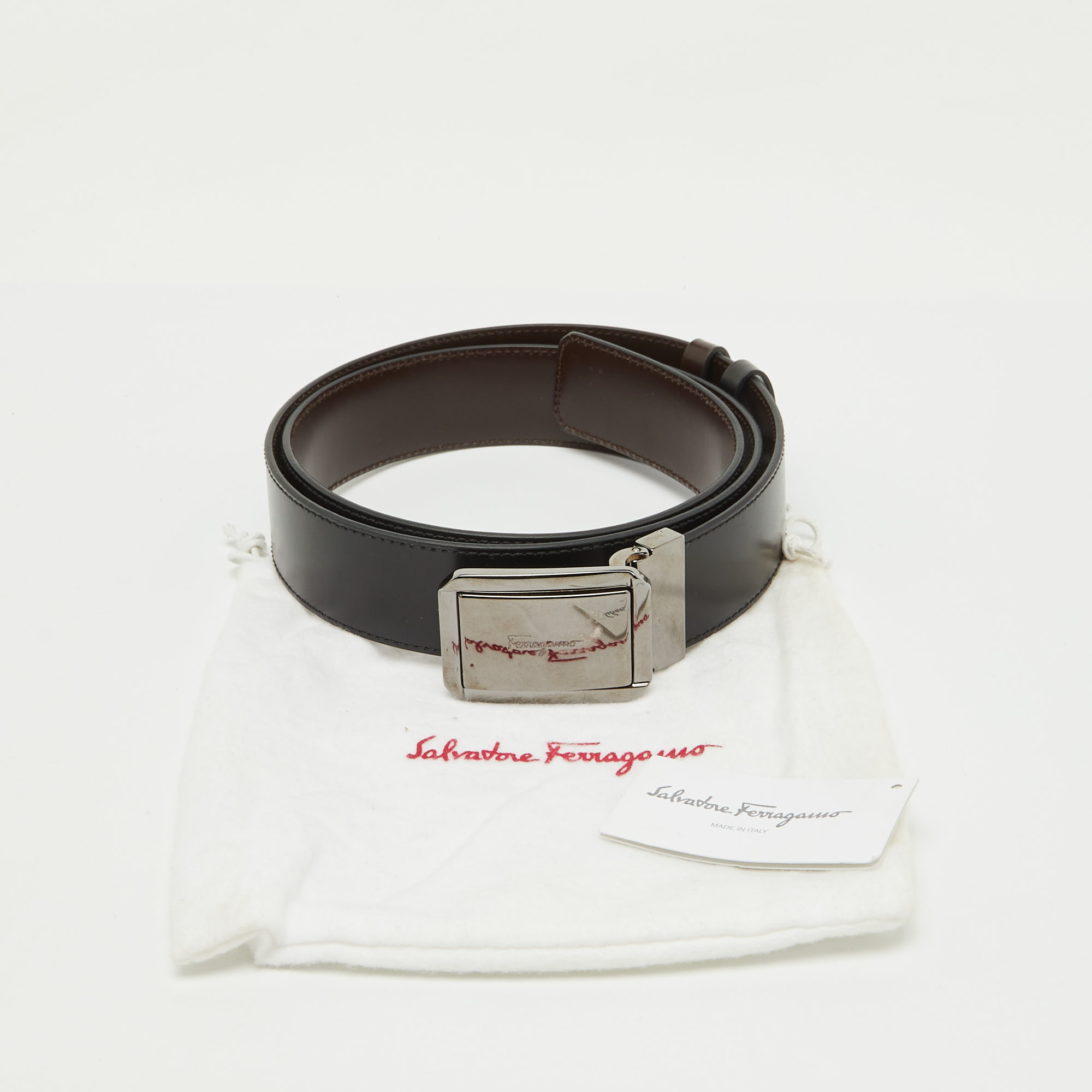 Salvatore Ferragamo Black/Dark Brown Leather Cut to Size Buckle Belt 