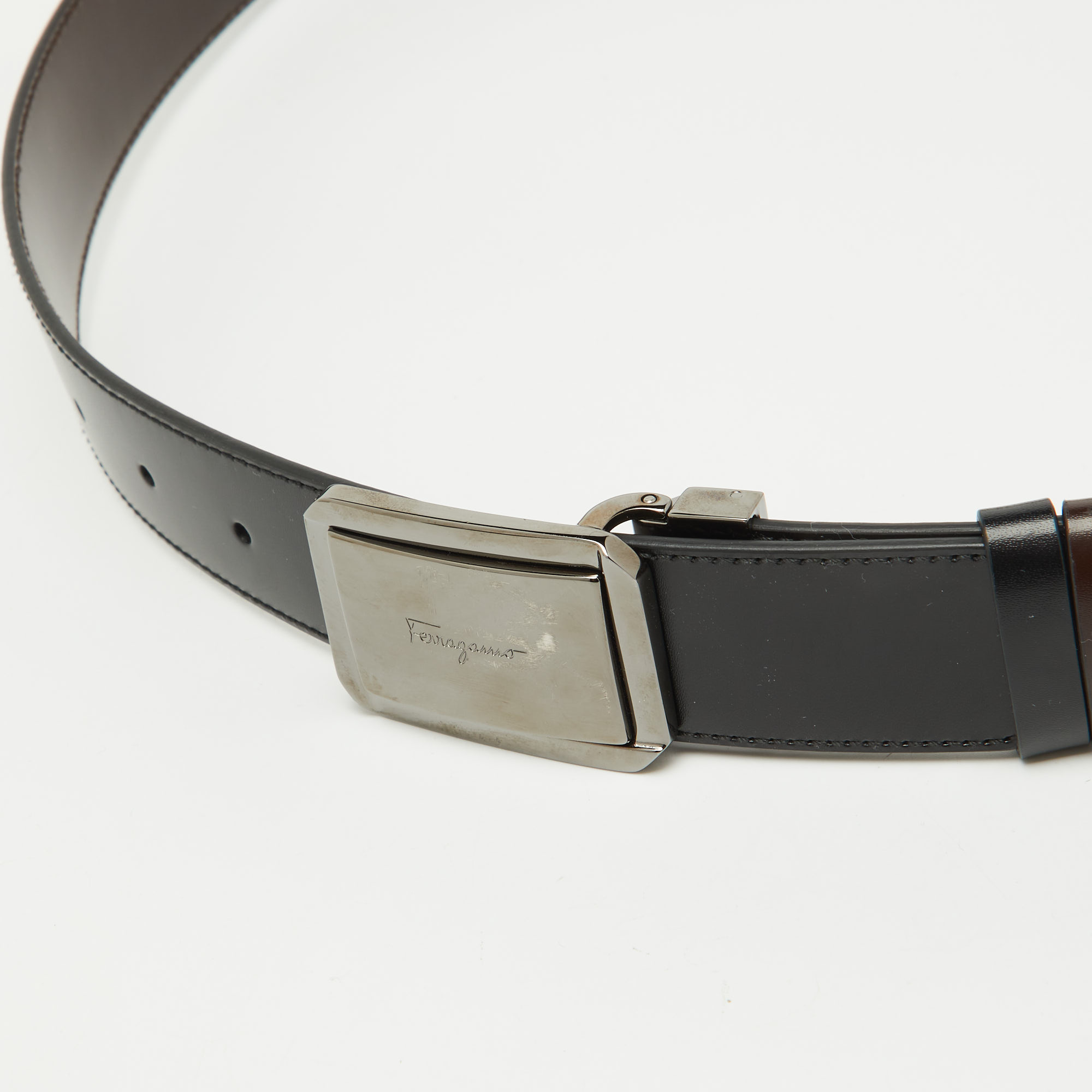 Salvatore Ferragamo Black/Dark Brown Leather Cut to Size Buckle Belt 