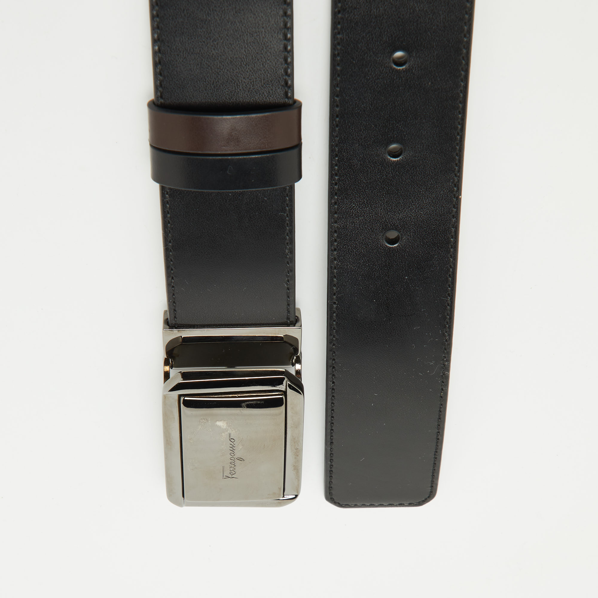 Salvatore Ferragamo Black/Dark Brown Leather Cut to Size Buckle Belt 