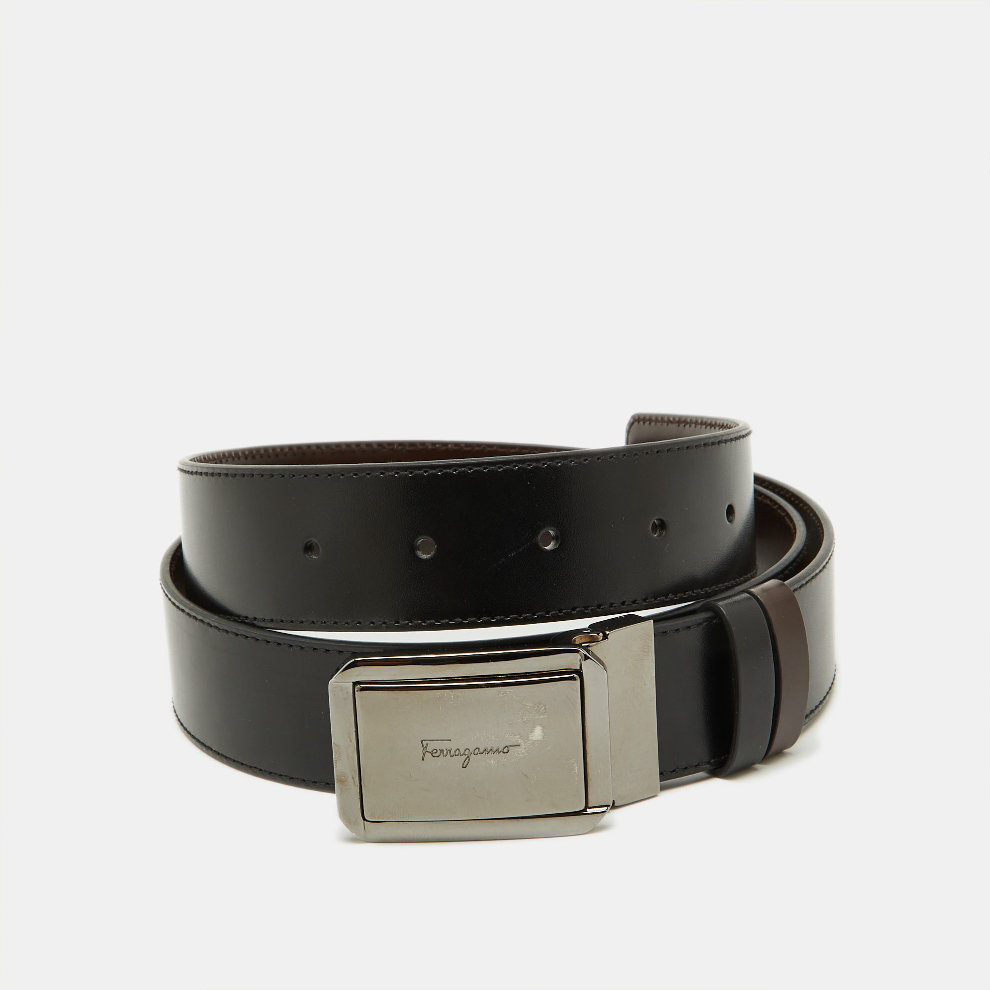 

Salvatore Ferragamo Black/Dark Brown Leather Cut to Size Buckle Belt