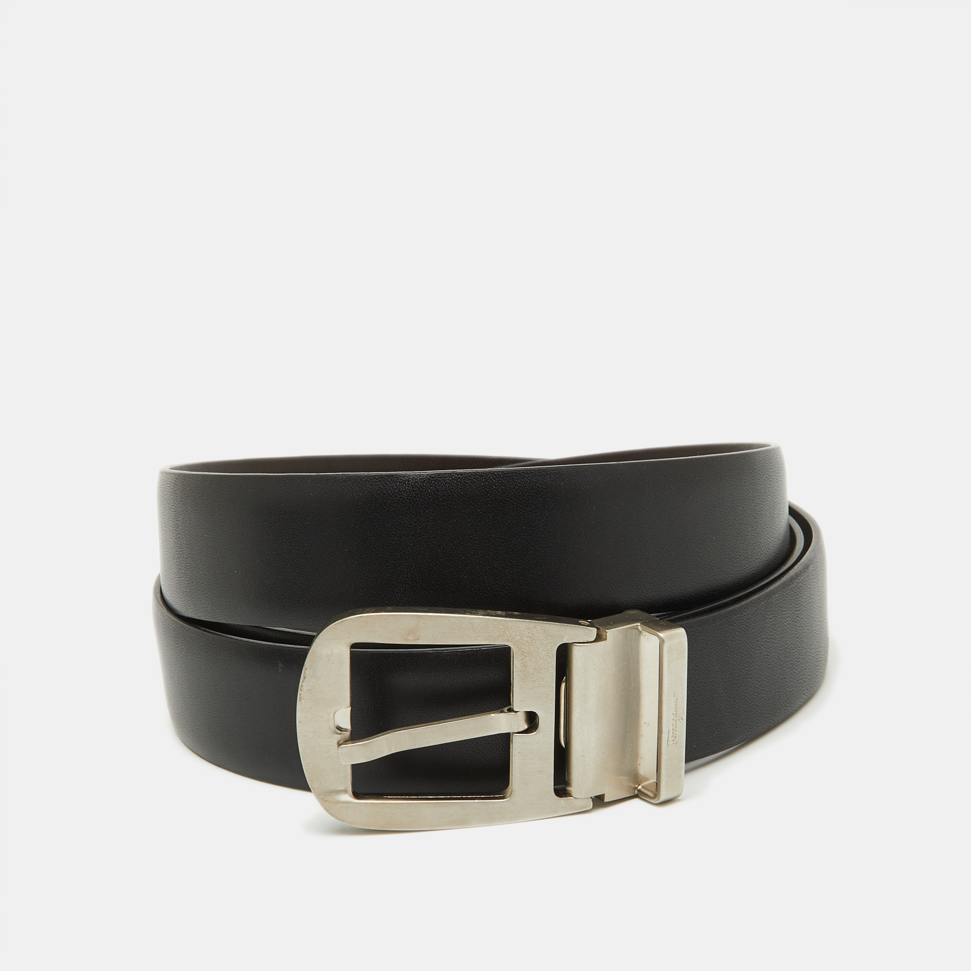 

Salvatore Ferragamo Black/Dark Brown Leather Cut to Size Buckle Belt