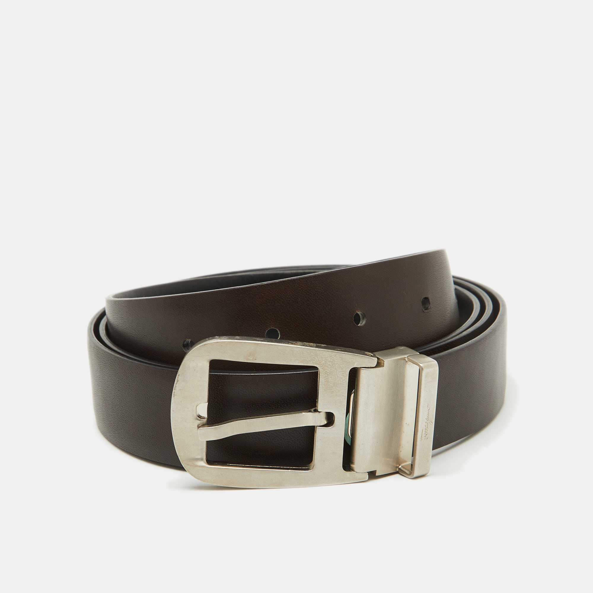 Salvatore Ferragamo Black/Dark Brown Leather Cut to Size Buckle Belt 