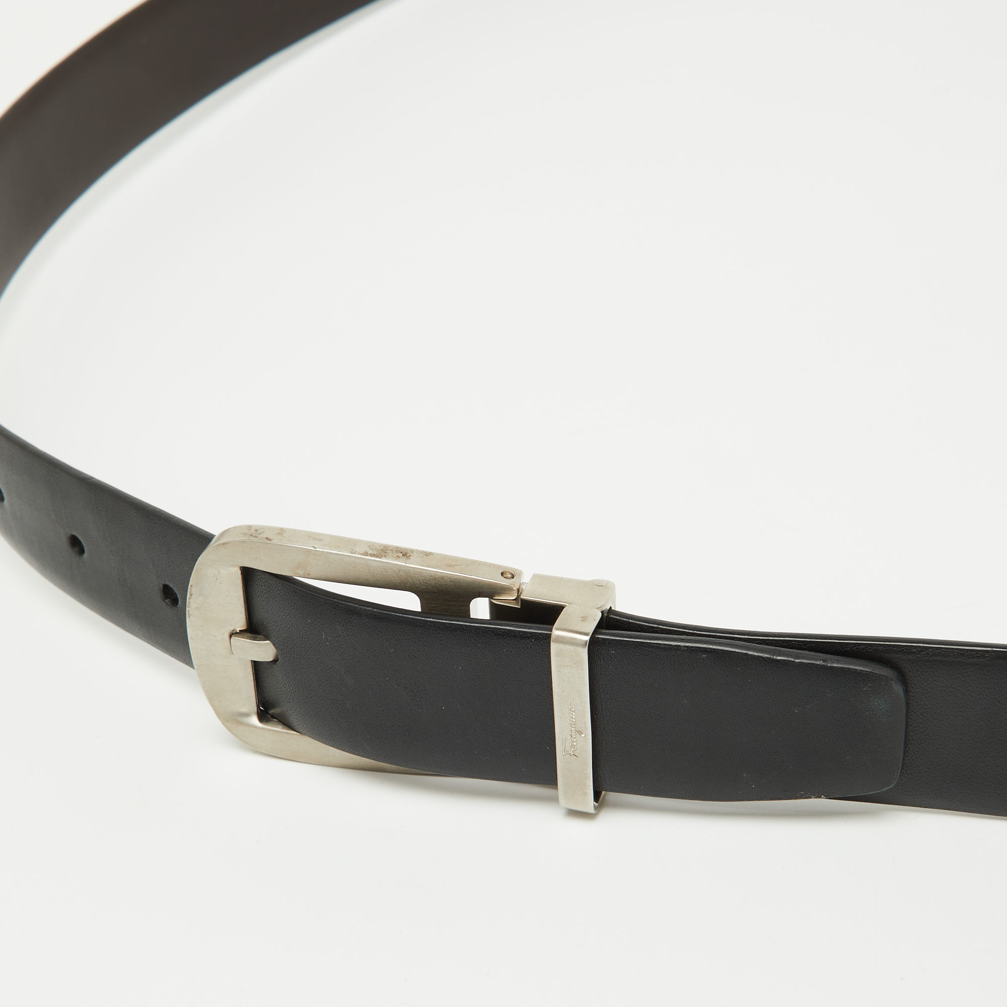 Salvatore Ferragamo Black/Dark Brown Leather Cut to Size Buckle Belt 