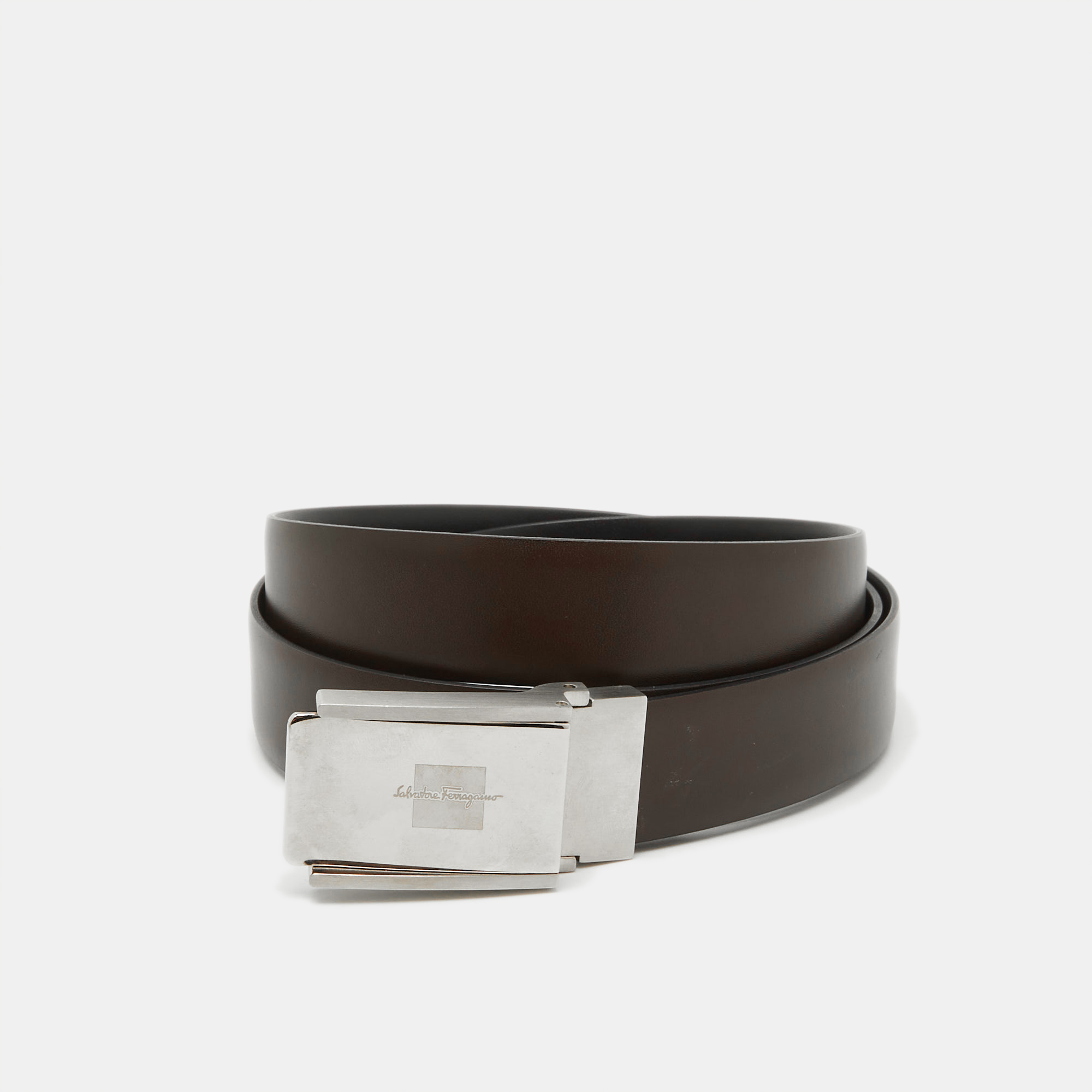 Salvatore Ferragamo Black/Dark Brown Leather Cut to Size Buckle Belt 