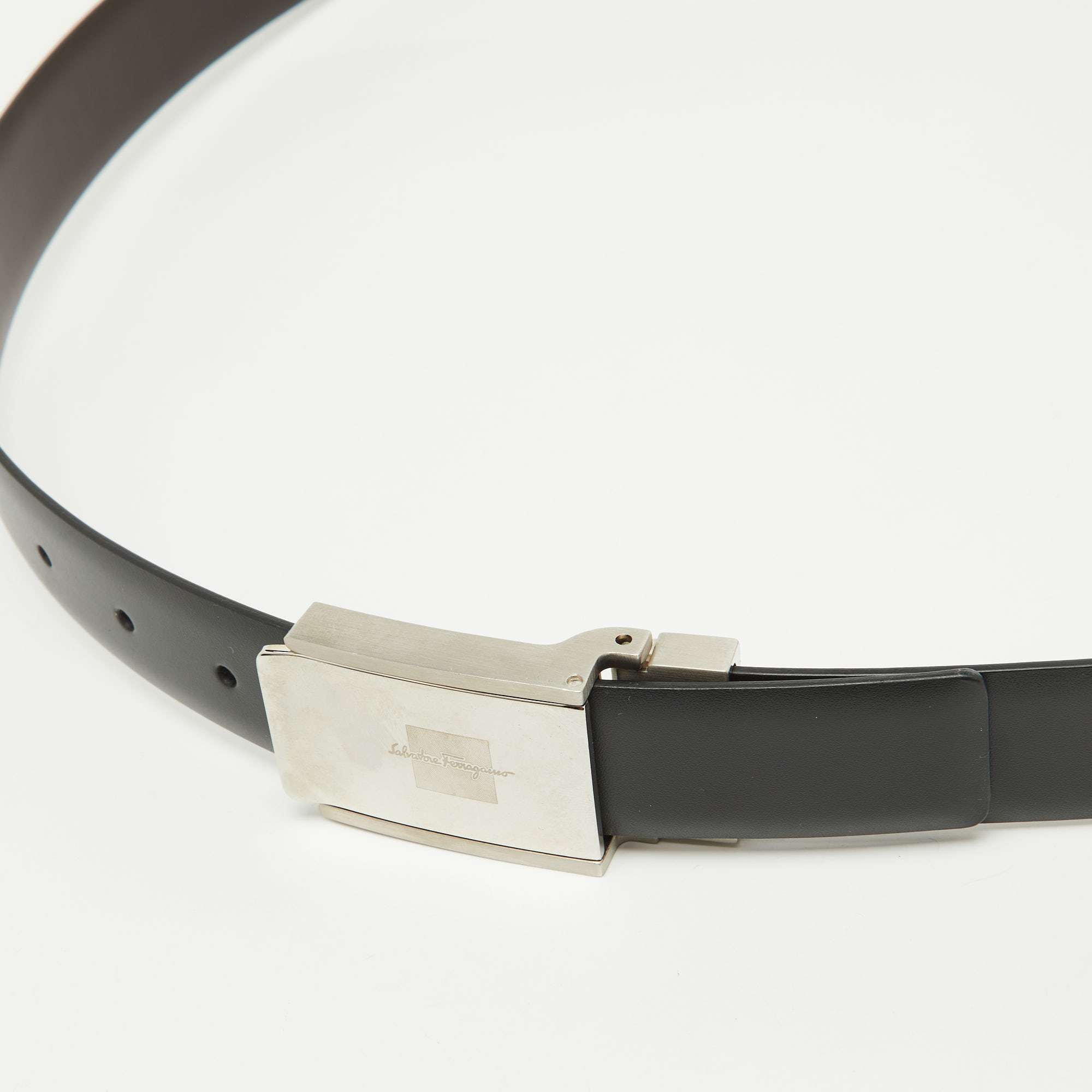 Salvatore Ferragamo Black/Dark Brown Leather Cut to Size Buckle Belt 