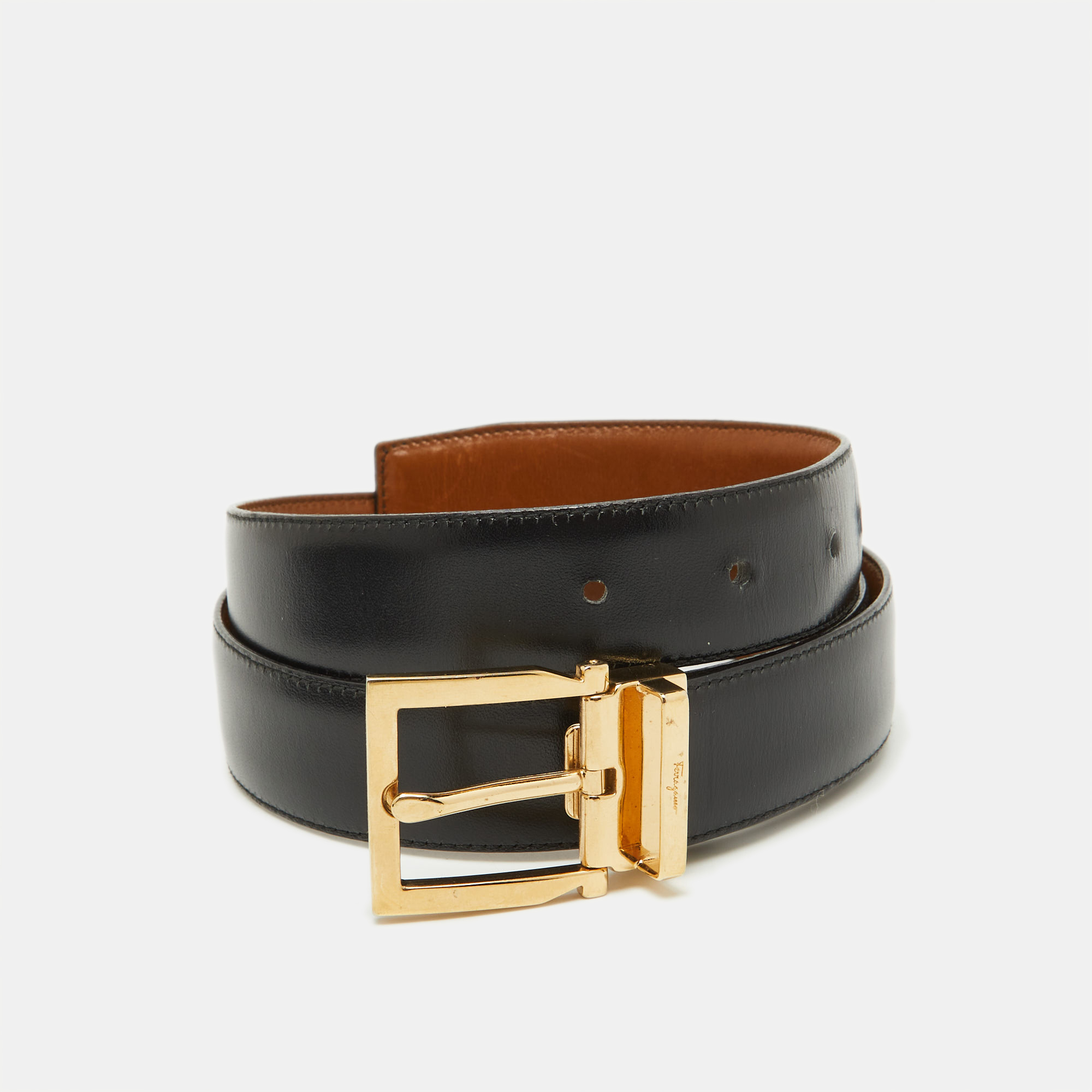 

Salvatore Ferragamo Black/Tan Leather Cut to Size Buckle Belt