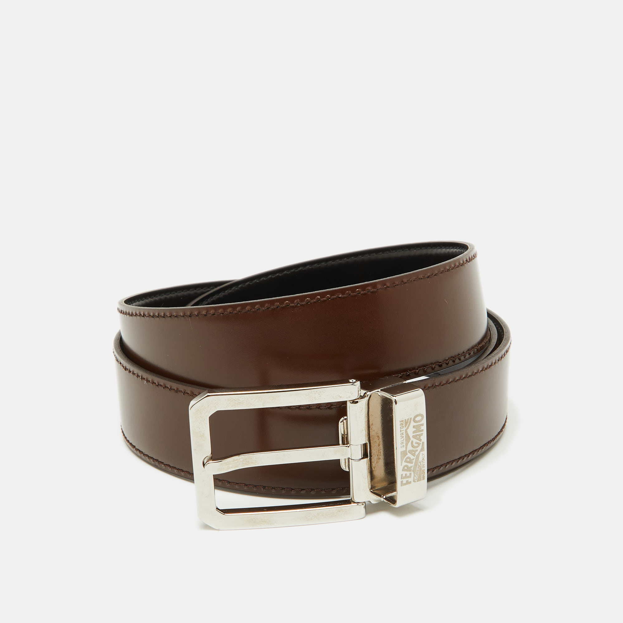 Salvatore Ferragamo Black/Dark Brown Leather Cut to Size Buckle Belt 