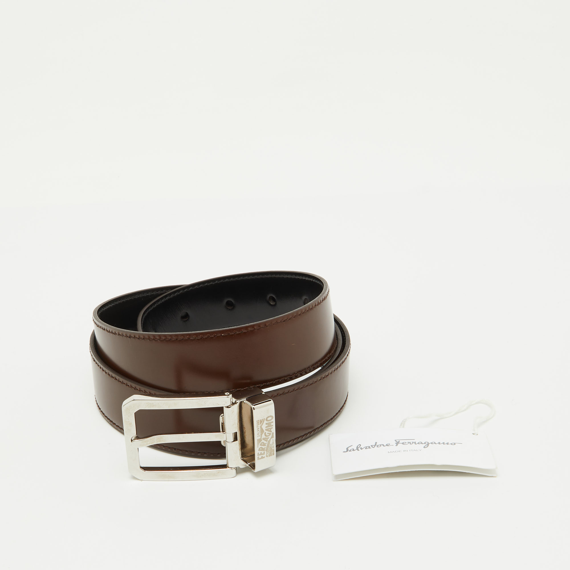 Salvatore Ferragamo Black/Dark Brown Leather Cut to Size Buckle Belt 