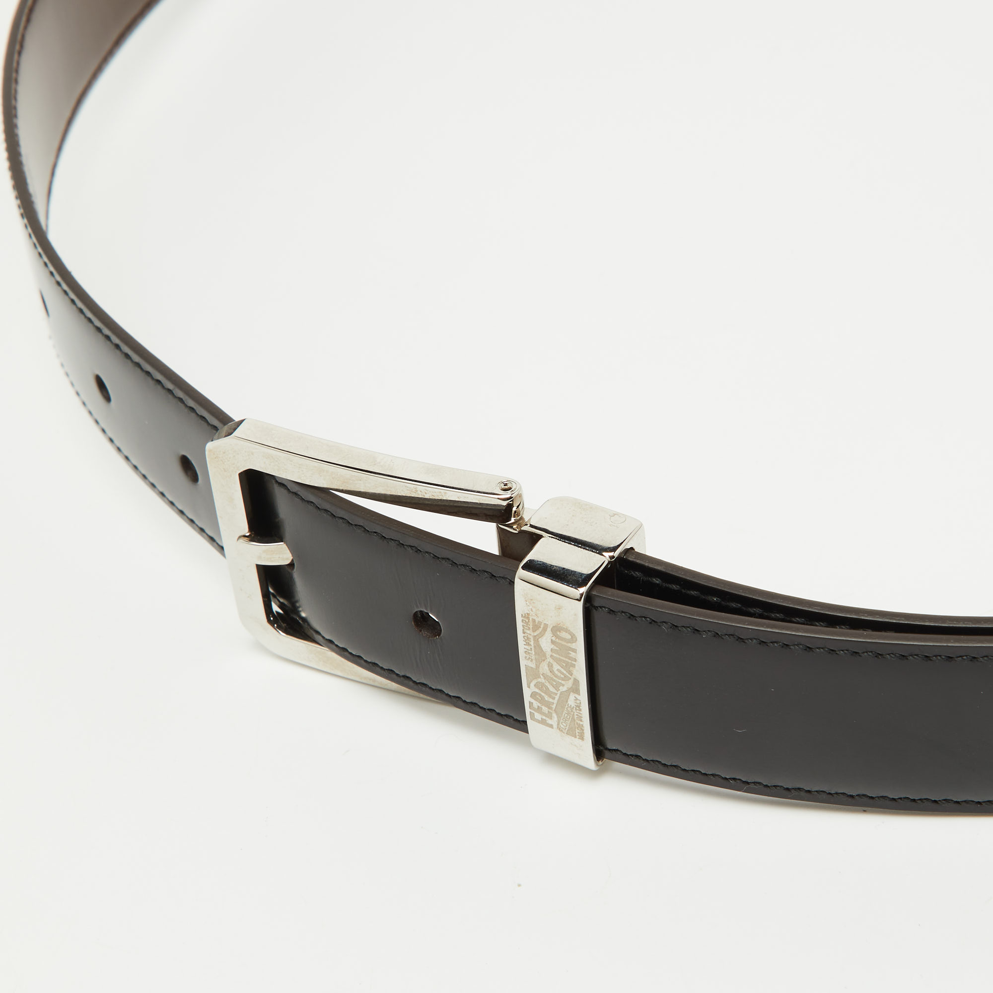 Salvatore Ferragamo Black/Dark Brown Leather Cut to Size Buckle Belt 